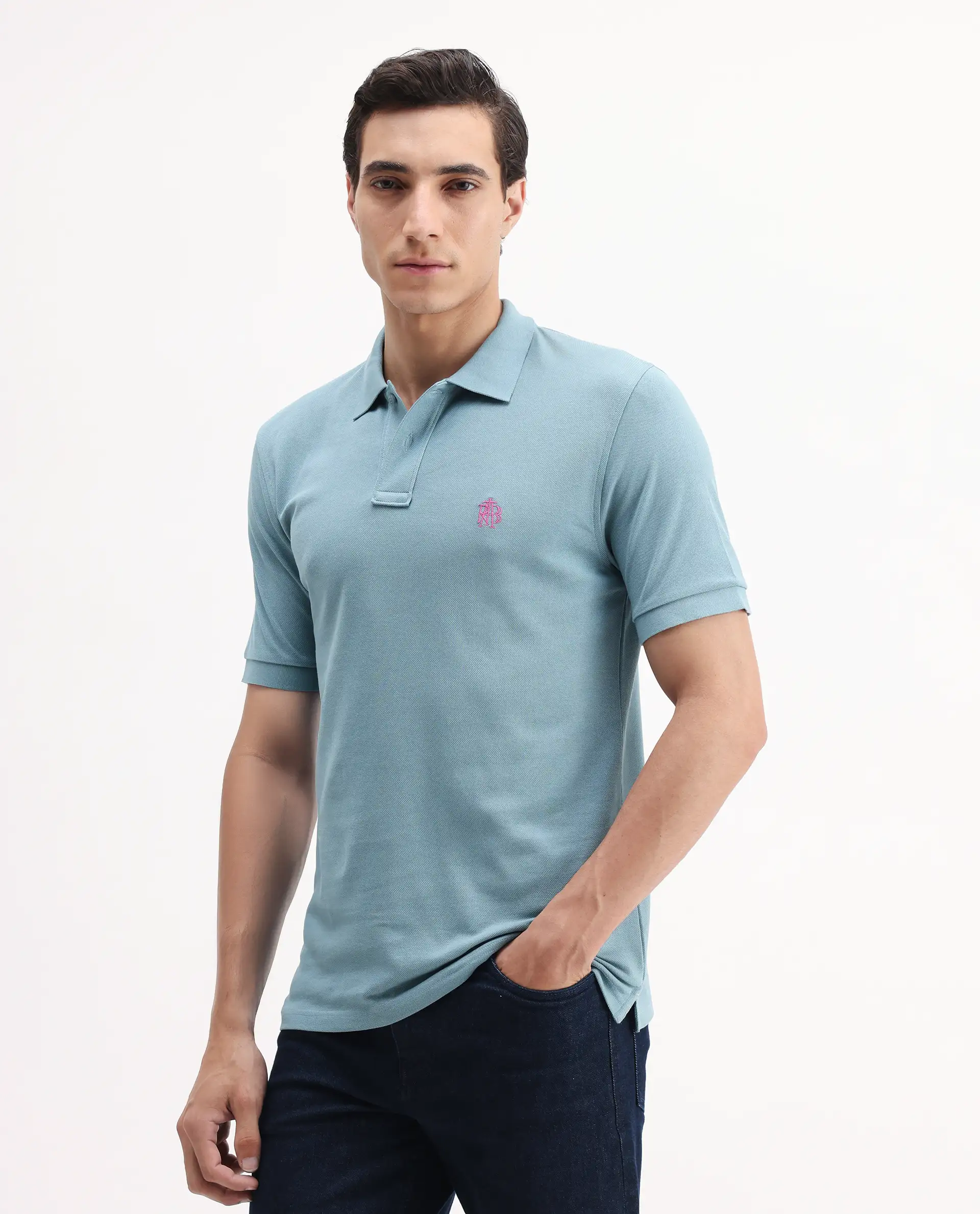 Rare Rabbit Men's Pareto Teal Cotton Embroidered Regular Fit Half Sleeve Polo - Image 5