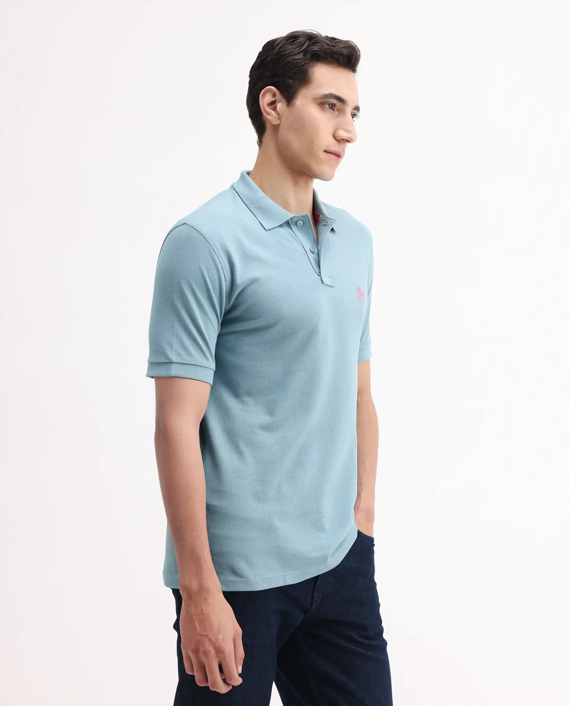 Rare Rabbit Men's Pareto Teal Cotton Embroidered Regular Fit Half Sleeve Polo - Image 6