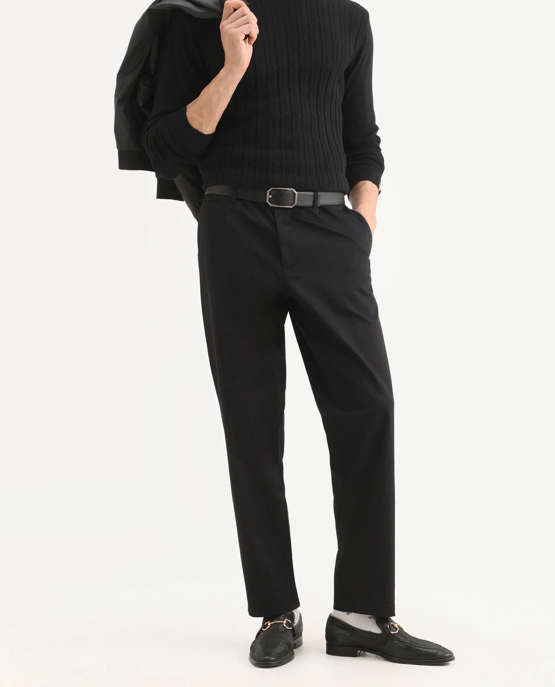 Rare Rabbit Men's Parga Black Cotton Blend Fabric Regular Fit Plain Trouser