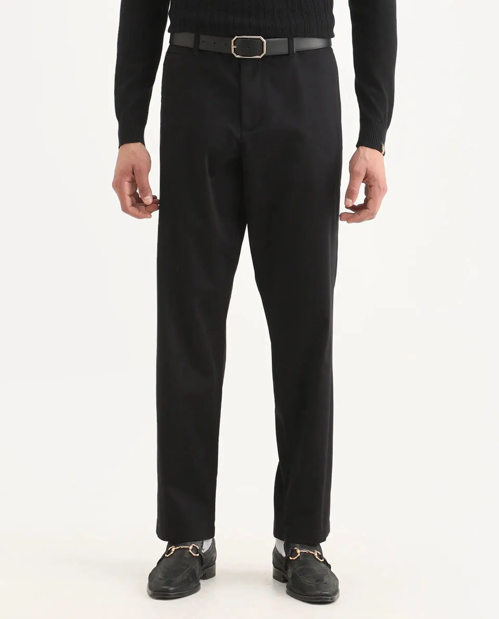 Rare Rabbit Men's Parga Black Cotton Blend Fabric Regular Fit Plain Trouser - Image 8