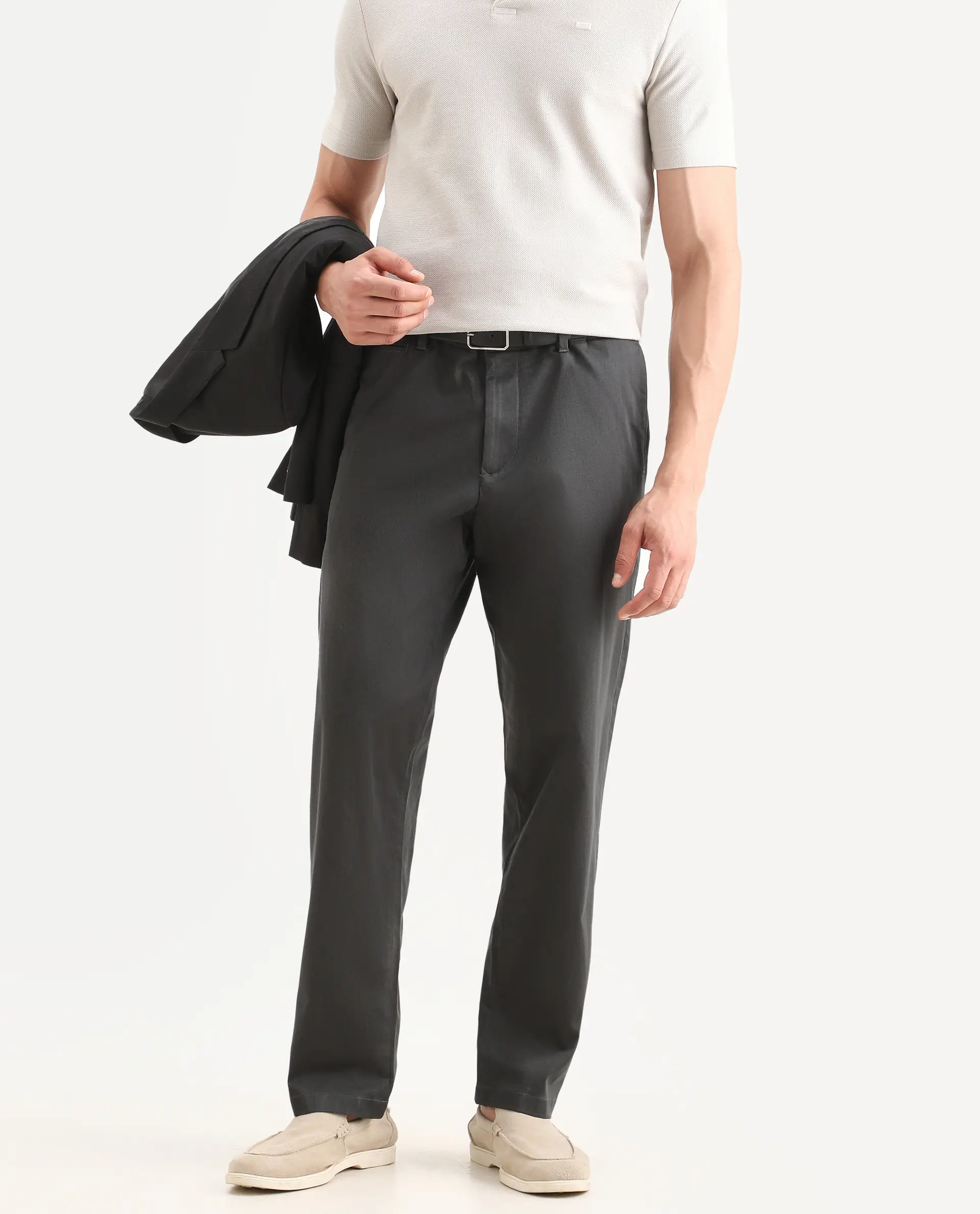 Rare Rabbit Men's Parga Dark Grey Cotton Blend Fabric Regular Fit Plain Trouser - Image 2
