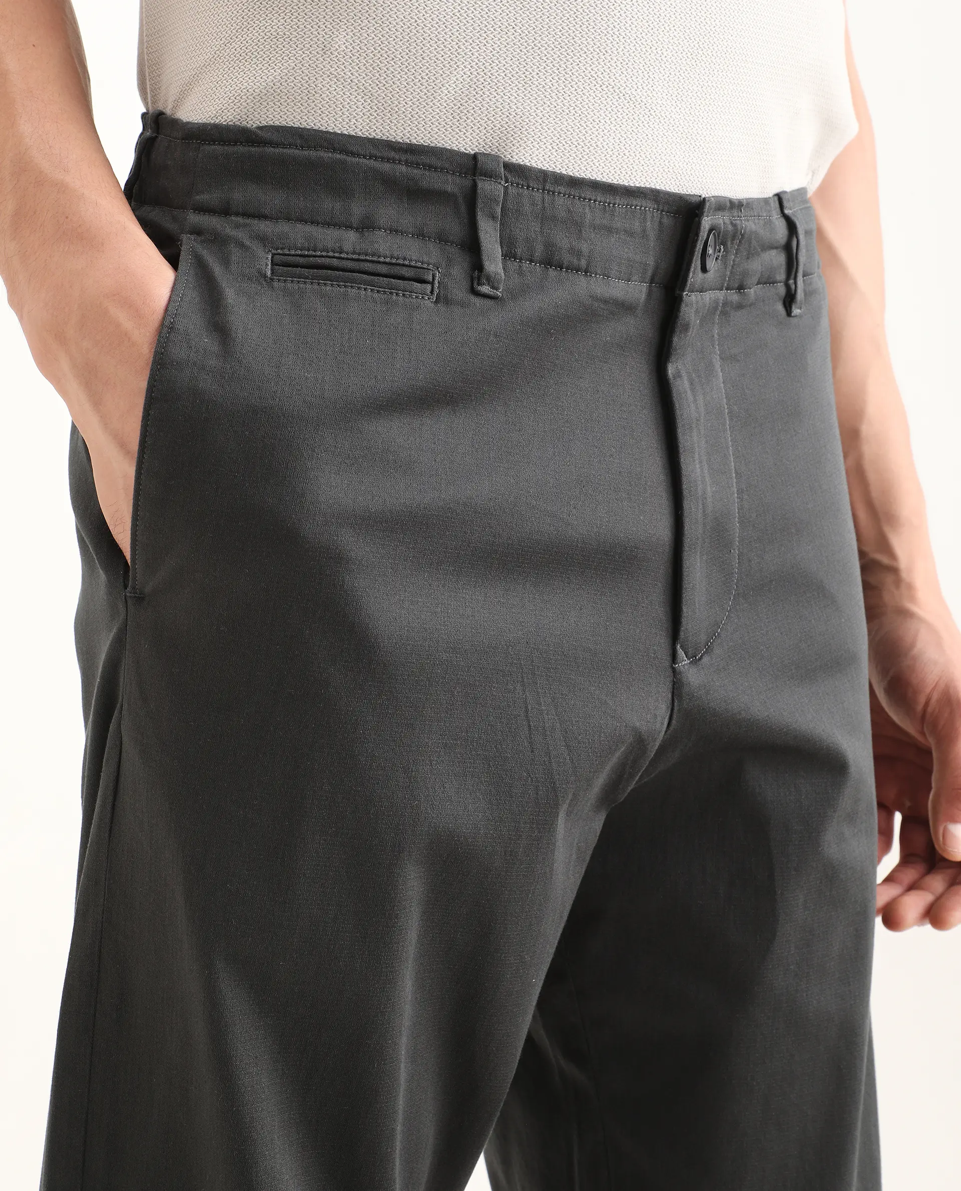 Rare Rabbit Men's Parga Dark Grey Cotton Blend Fabric Regular Fit Plain Trouser - Image 3