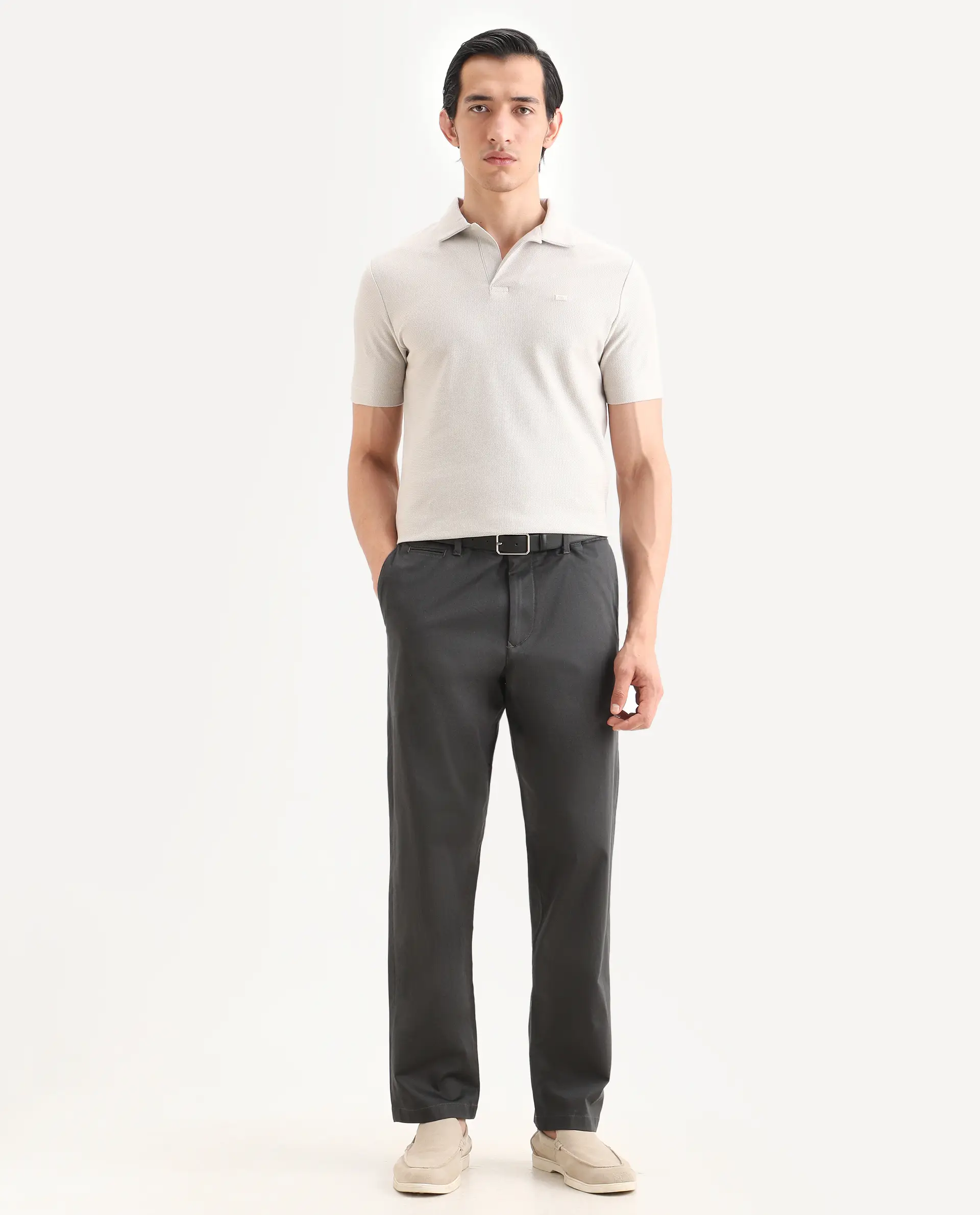 Rare Rabbit Men's Parga Dark Grey Cotton Blend Fabric Regular Fit Plain Trouser - Image 4