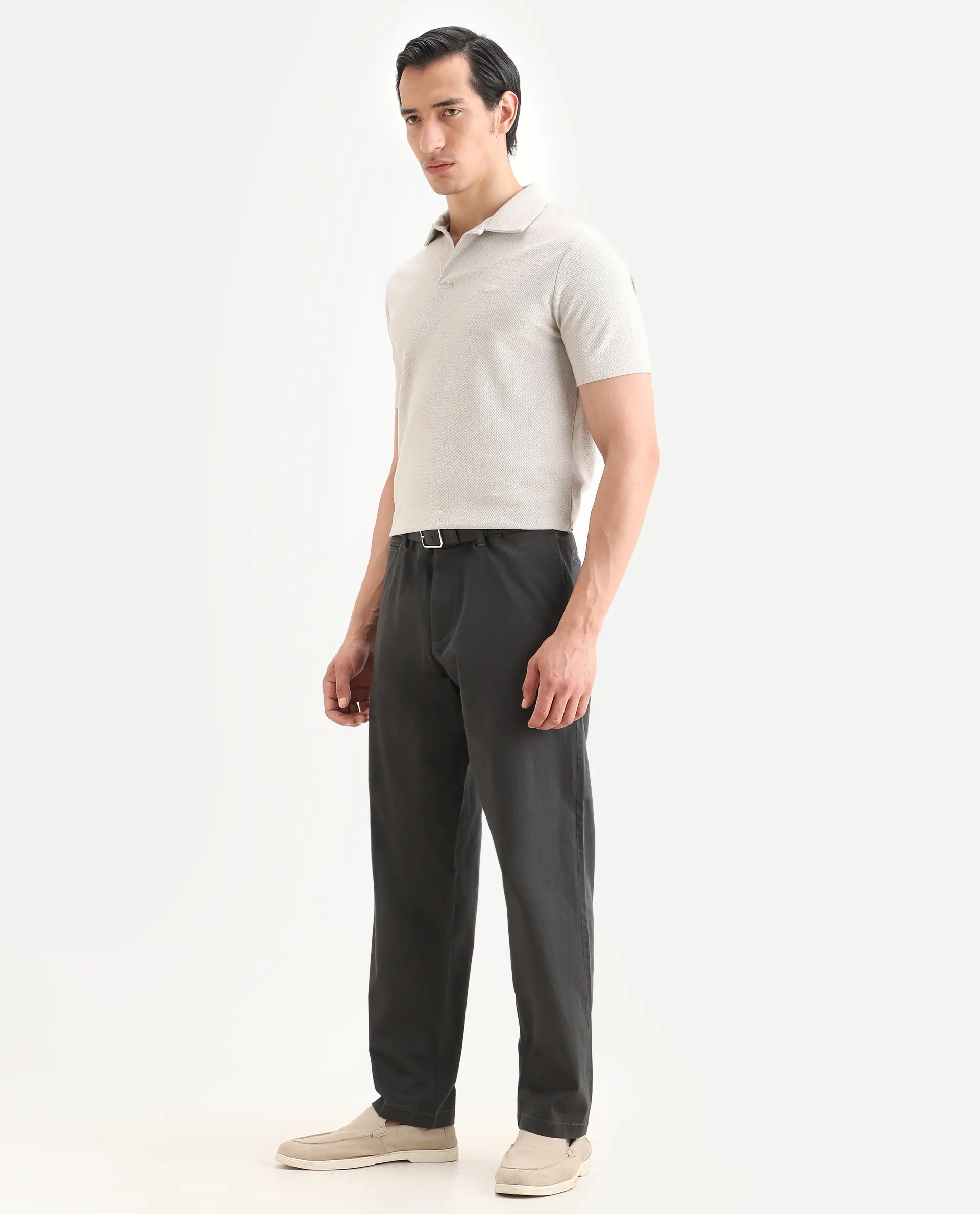 Rare Rabbit Men's Parga Dark Grey Cotton Blend Fabric Regular Fit Plain Trouser - Image 5
