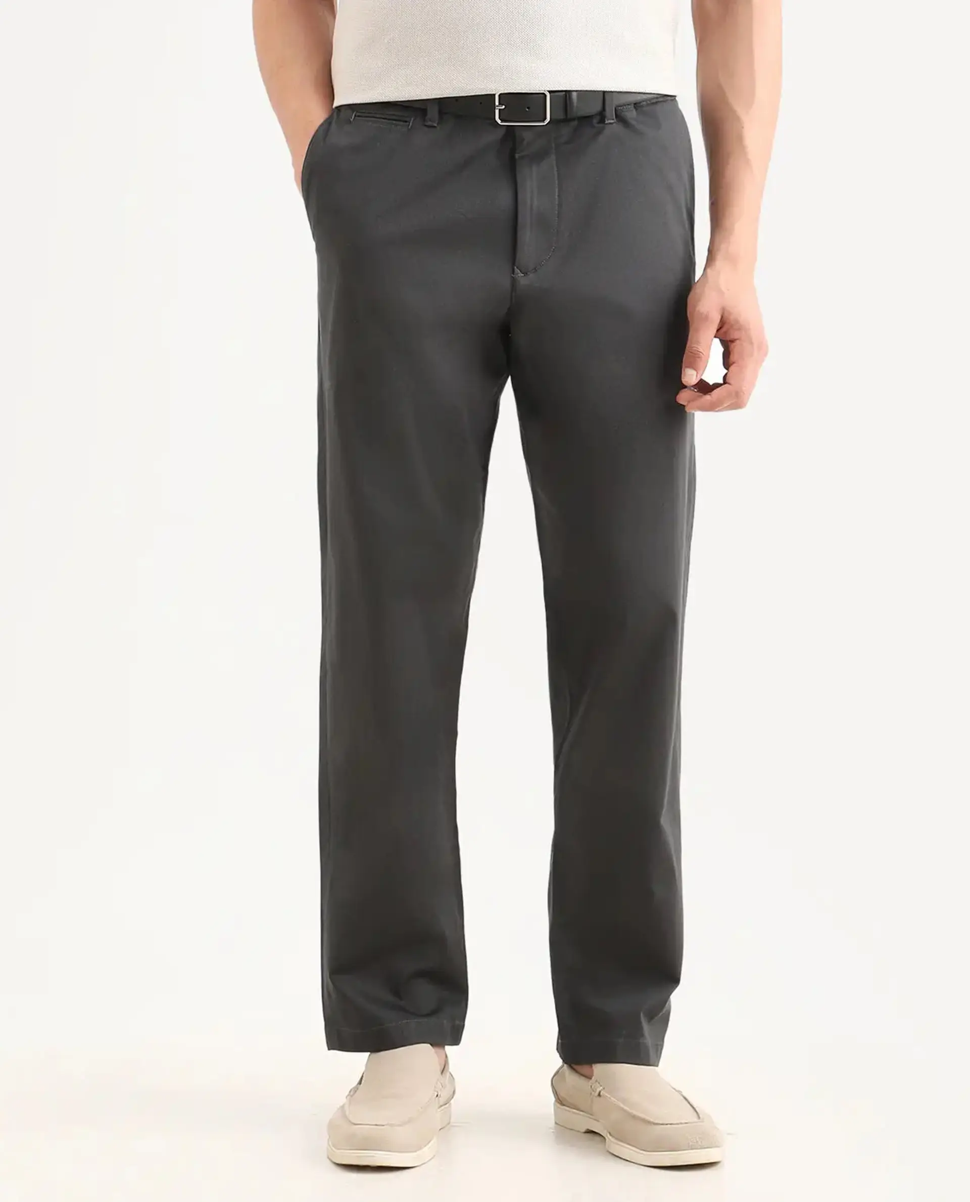 Rare Rabbit Men's Parga Dark Grey Cotton Blend Fabric Regular Fit Plain Trouser - Image 9