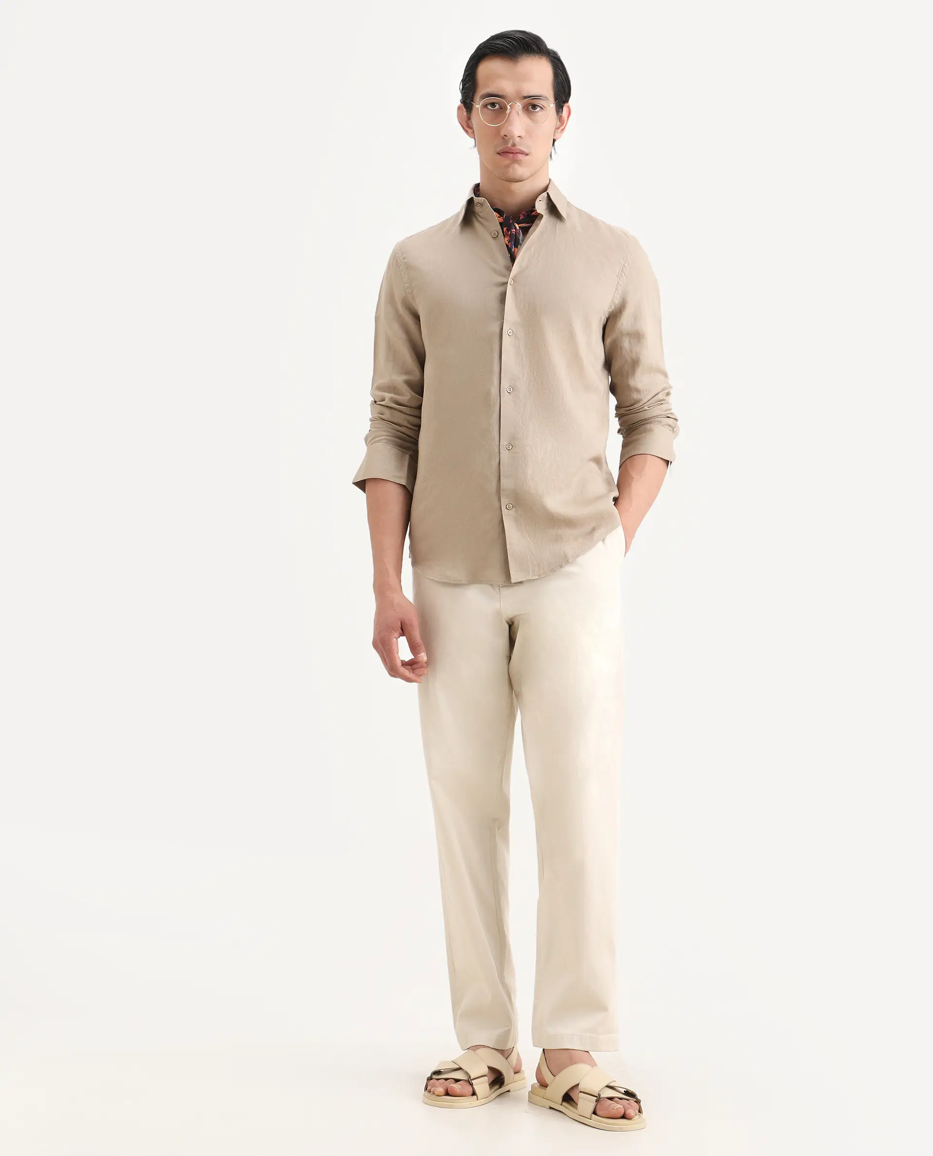 Rare Rabbit Men's Parga Light Beige Cotton Blend Fabric Regular Fit Plain Trouser