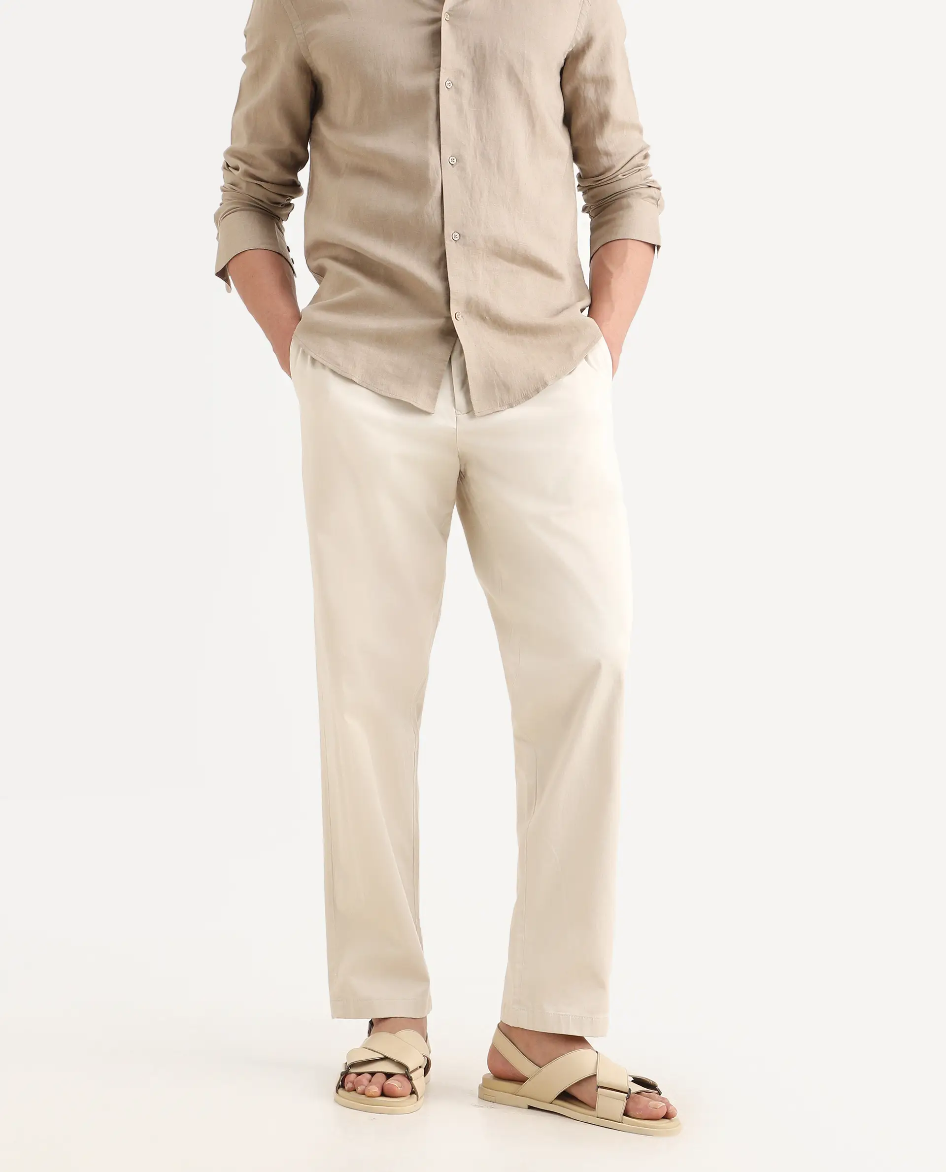 Rare Rabbit Men's Parga Light Beige Cotton Blend Fabric Regular Fit Plain Trouser - Image 2