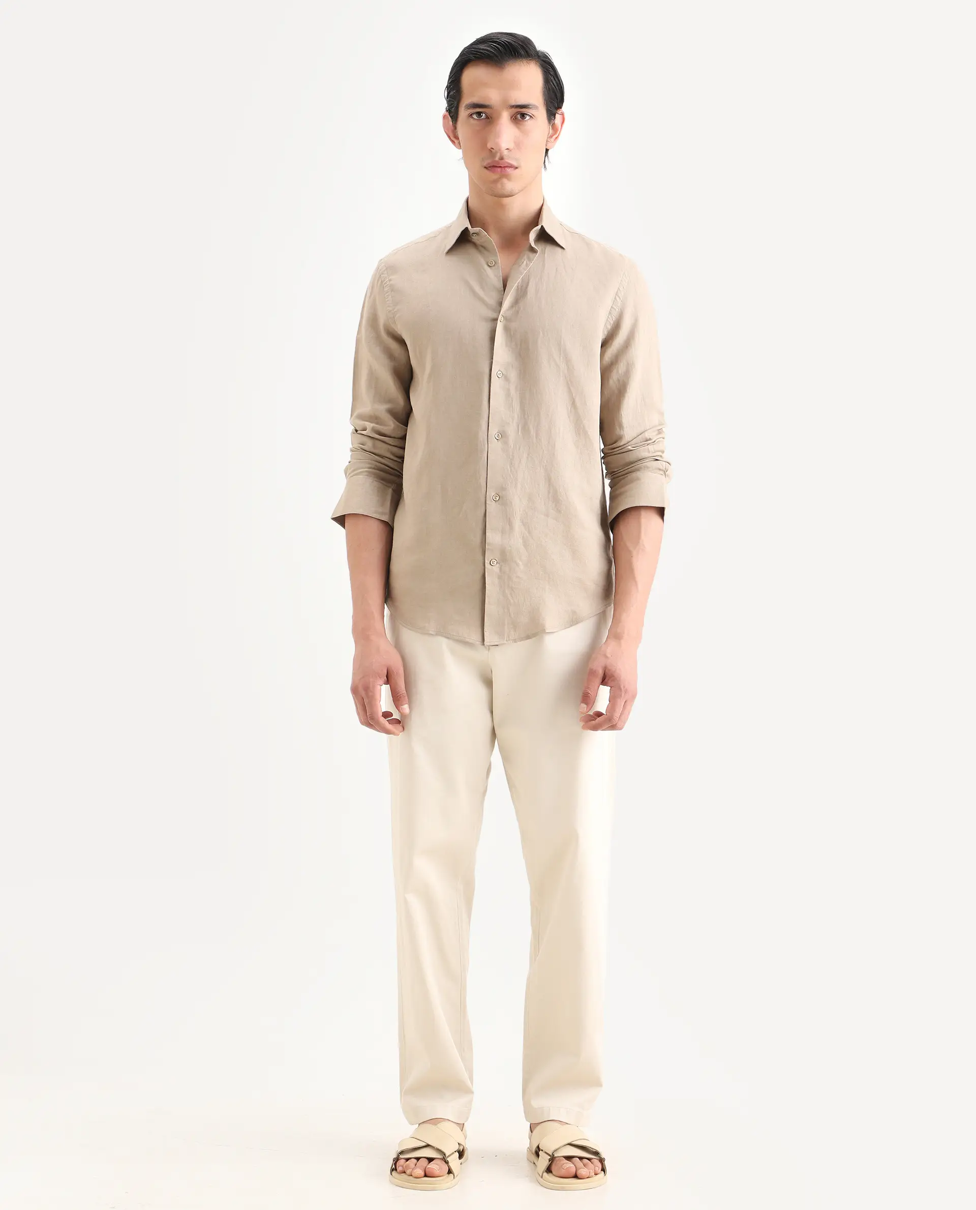 Rare Rabbit Men's Parga Light Beige Cotton Blend Fabric Regular Fit Plain Trouser - Image 4
