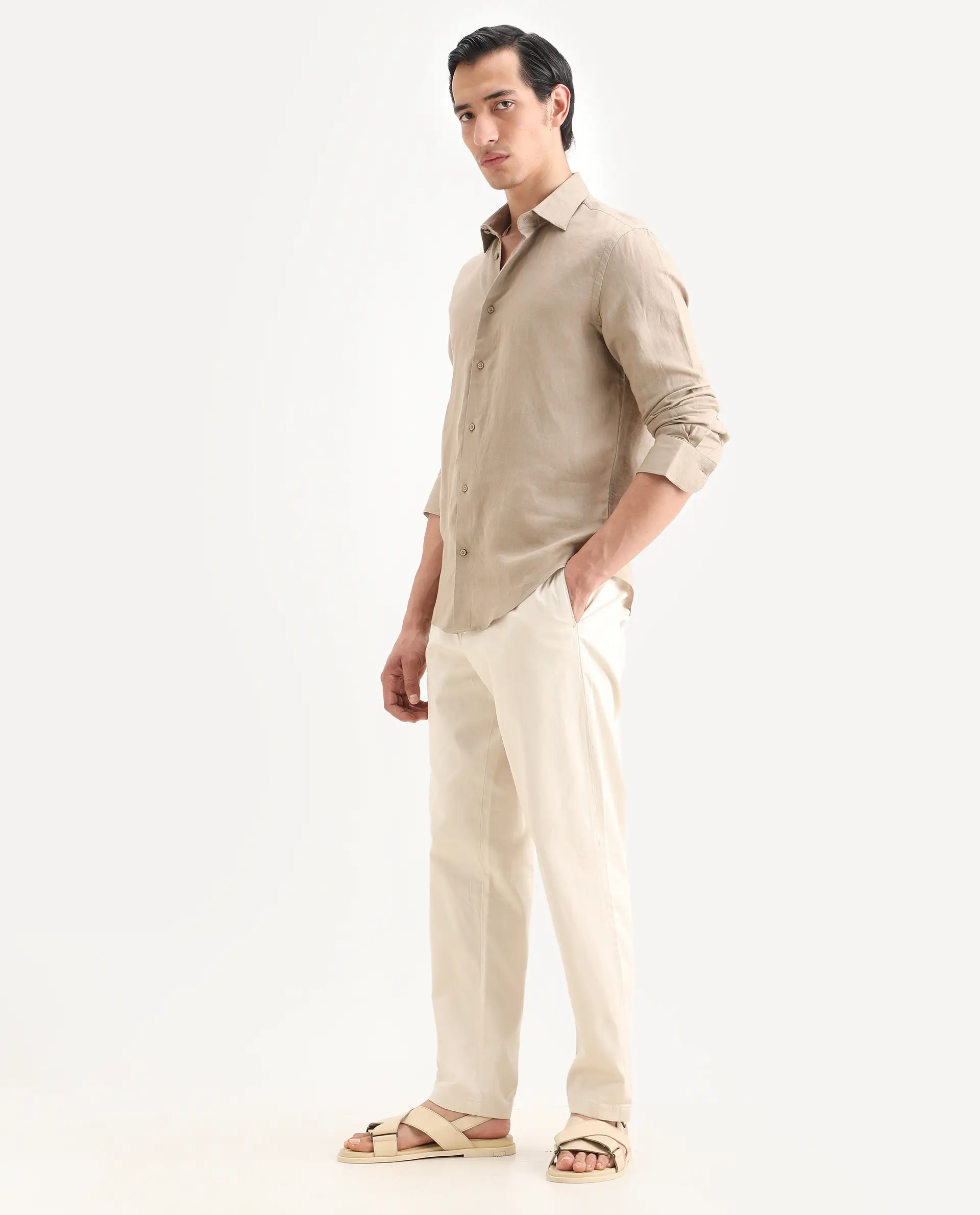 Rare Rabbit Men's Parga Light Beige Cotton Blend Fabric Regular Fit Plain Trouser - Image 5
