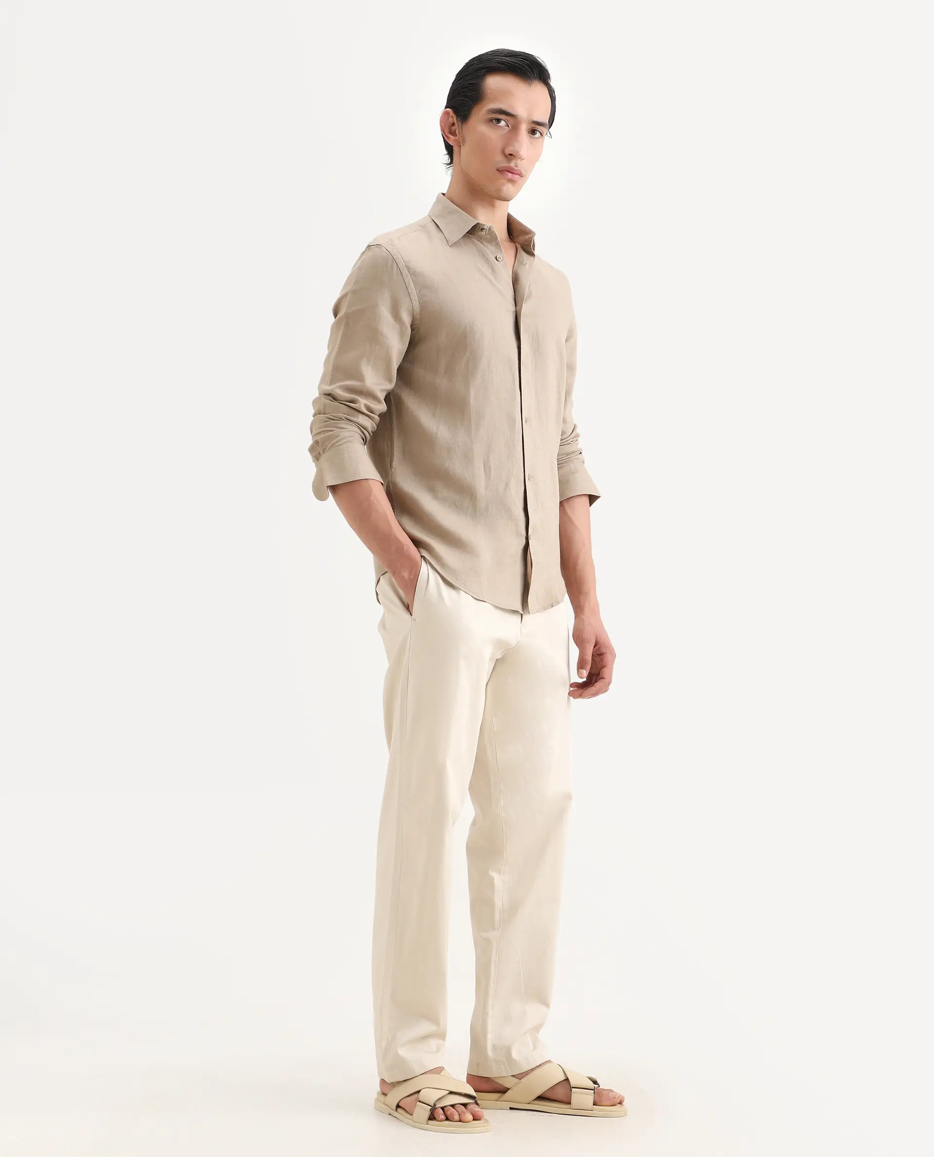 Rare Rabbit Men's Parga Light Beige Cotton Blend Fabric Regular Fit Plain Trouser - Image 6