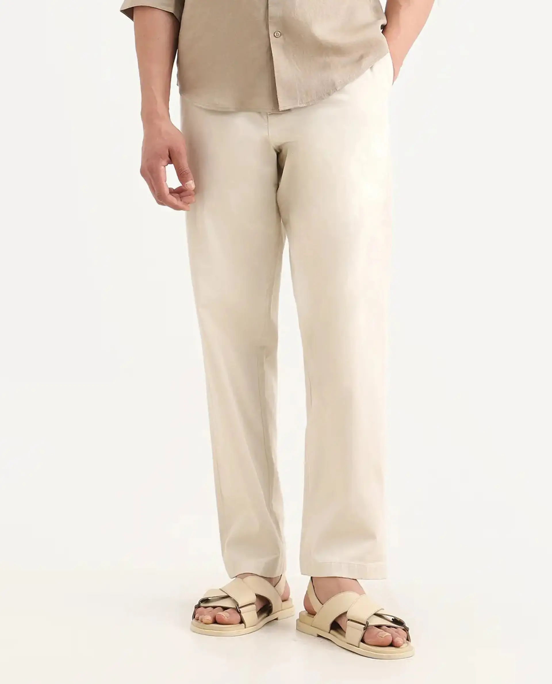 Rare Rabbit Men's Parga Light Beige Cotton Blend Fabric Regular Fit Plain Trouser - Image 9