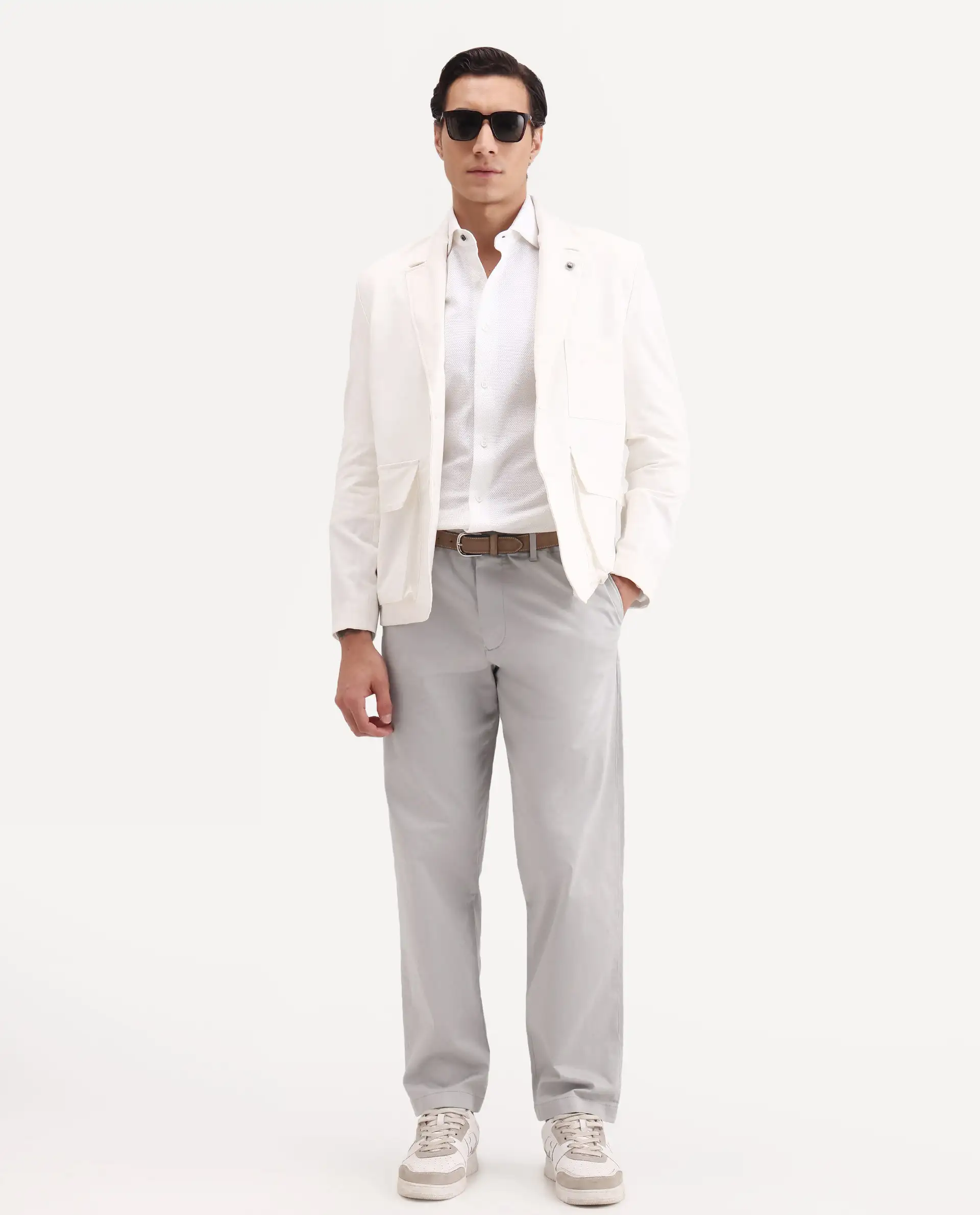 Rare Rabbit Men's Parga Light Grey Cotton Blend Fabric Regular Fit Plain Trouser