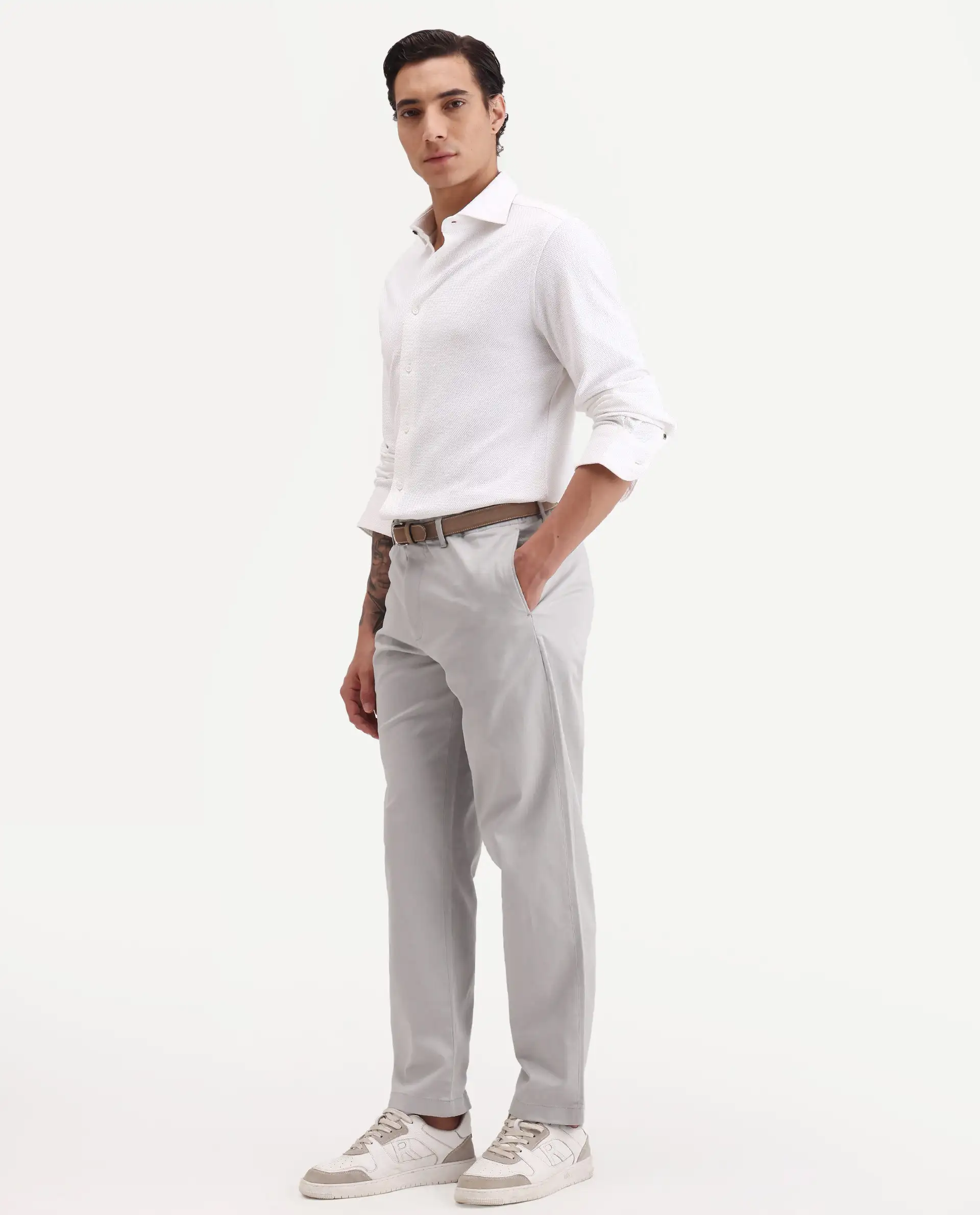 Rare Rabbit Men's Parga Light Grey Cotton Blend Fabric Regular Fit Plain Trouser - Image 4