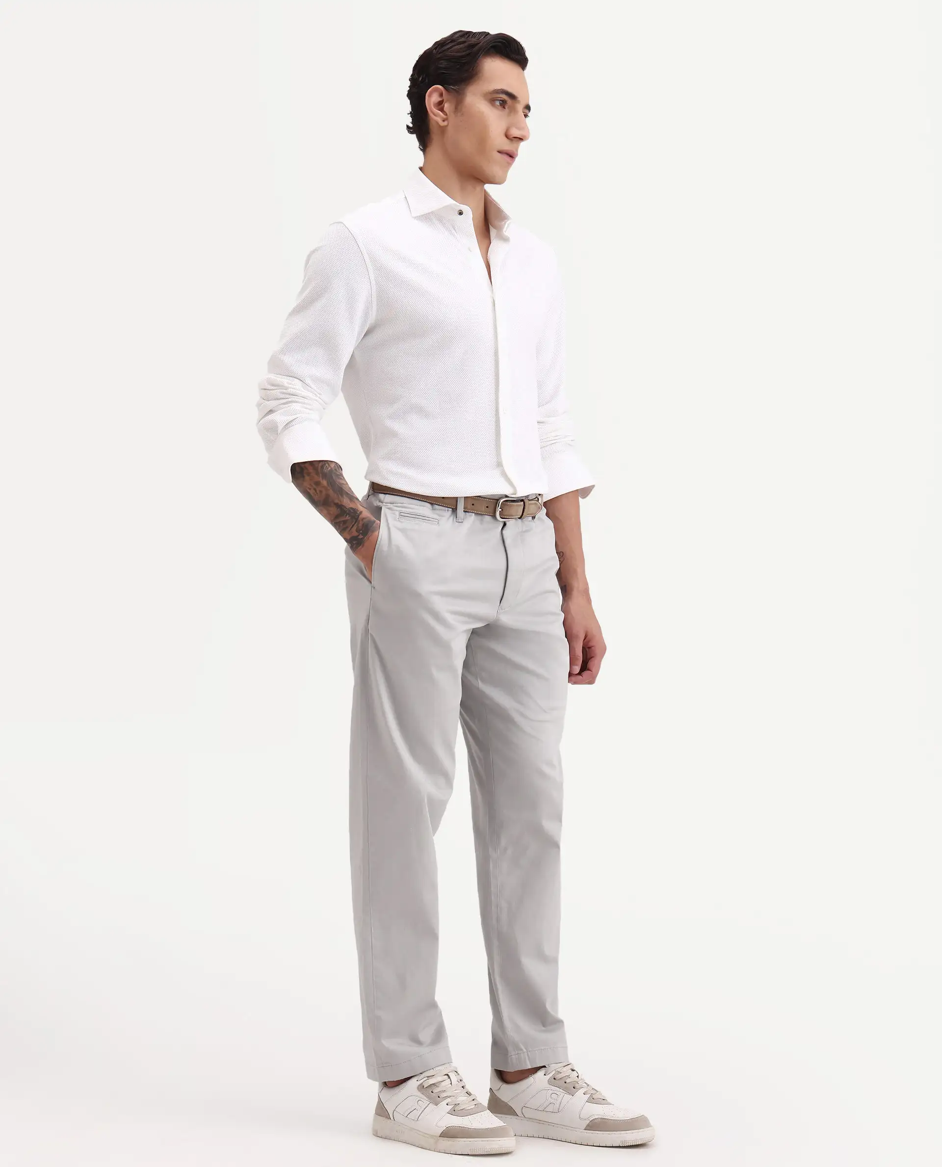 Rare Rabbit Men's Parga Light Grey Cotton Blend Fabric Regular Fit Plain Trouser - Image 5