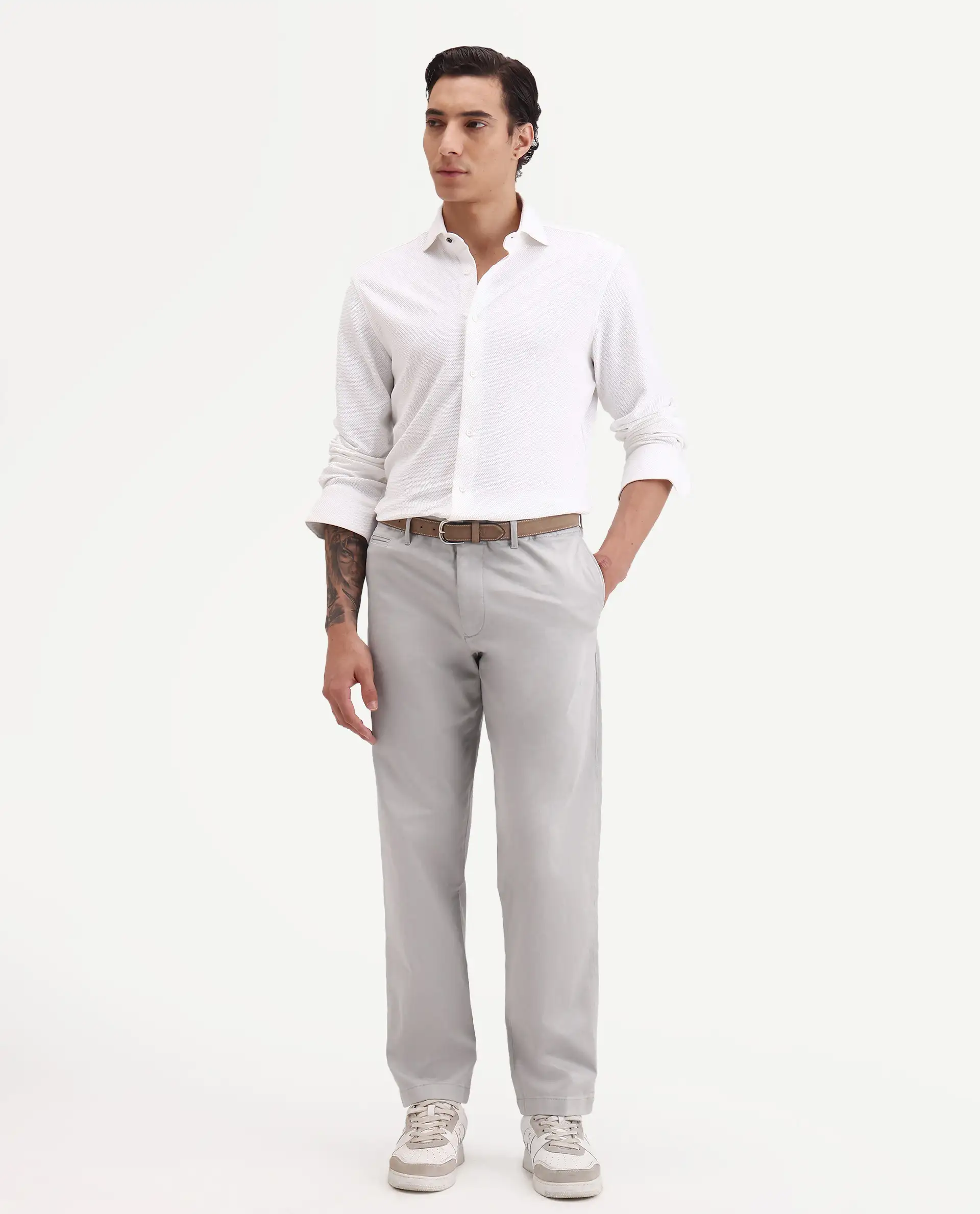 Rare Rabbit Men's Parga Light Grey Cotton Blend Fabric Regular Fit Plain Trouser - Image 6