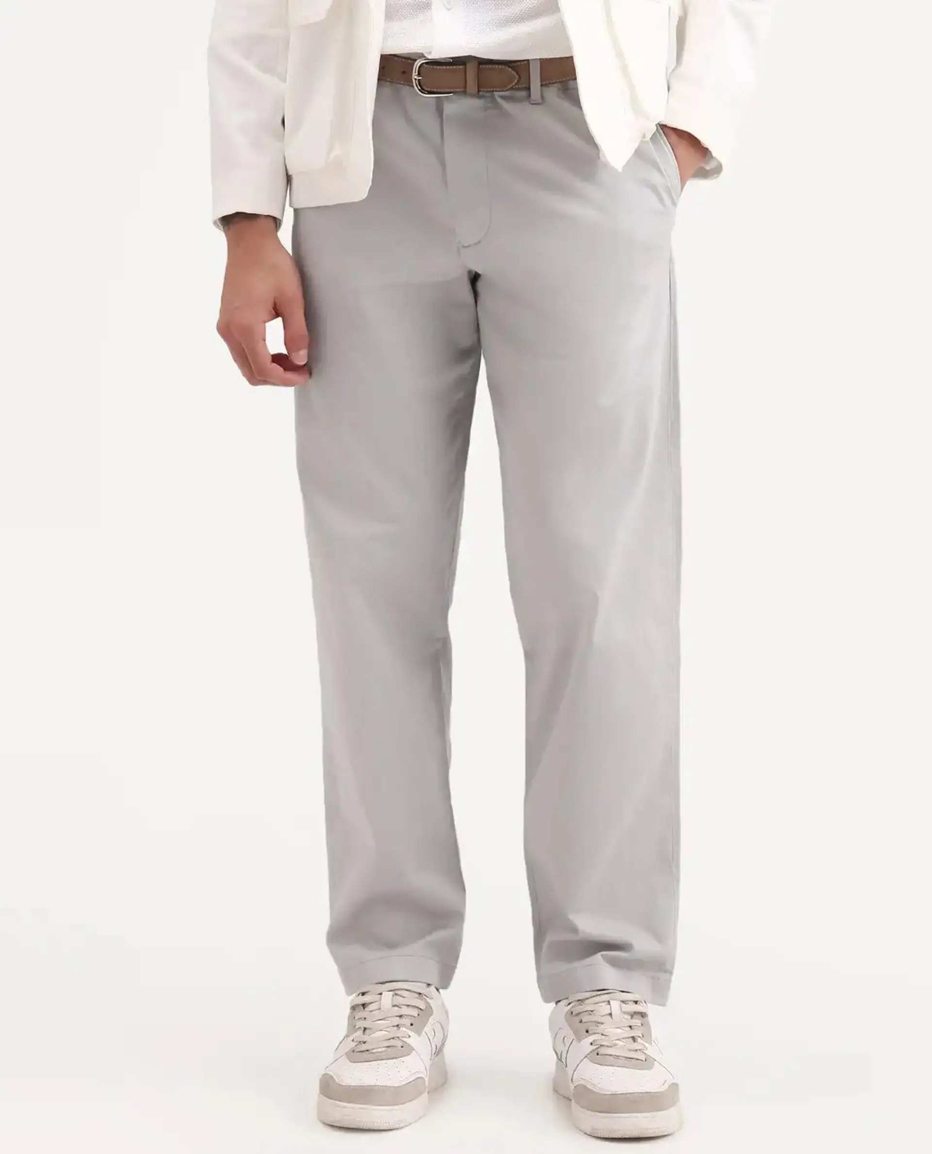 Rare Rabbit Men's Parga Light Grey Cotton Blend Fabric Regular Fit Plain Trouser - Image 8