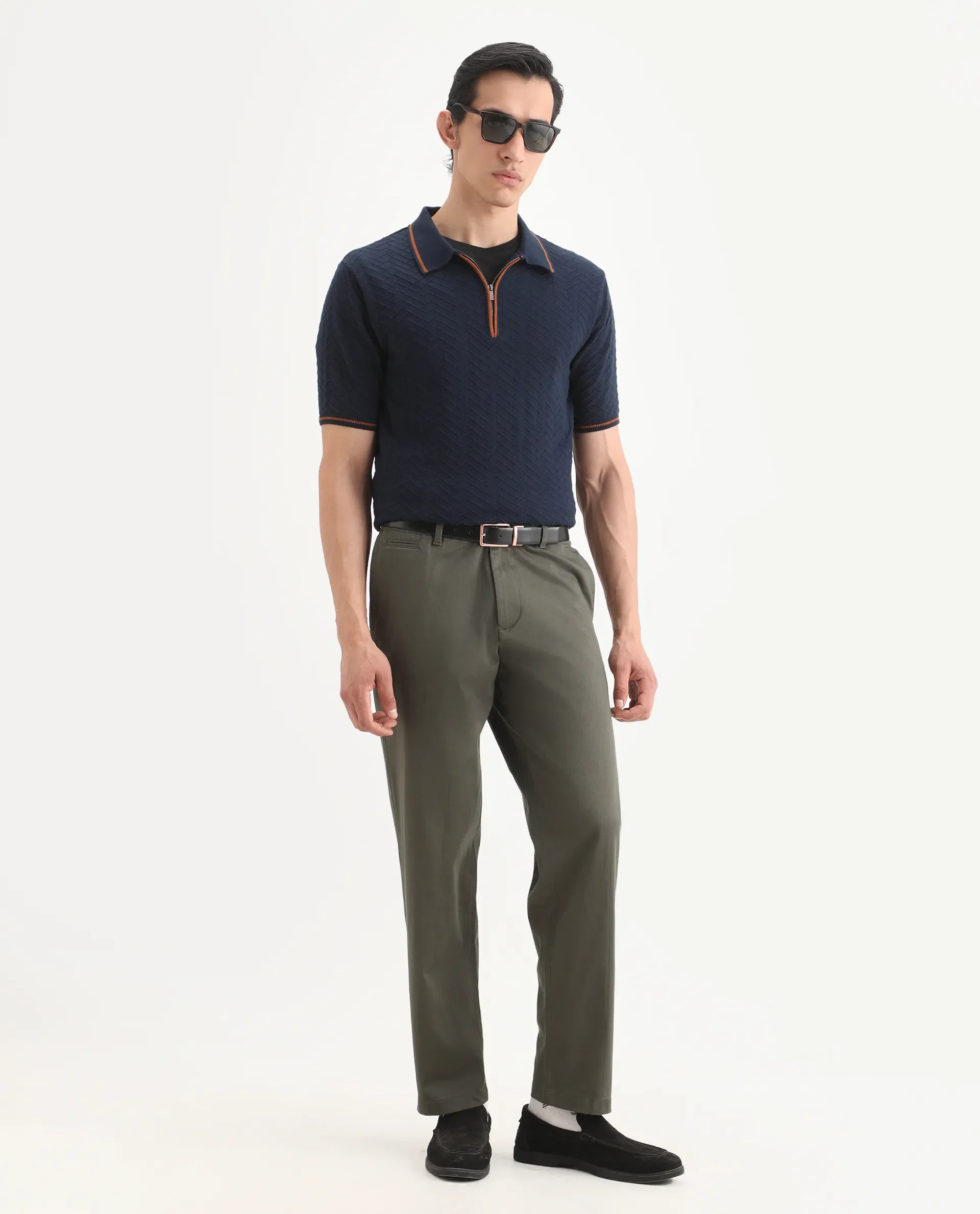 Rare Rabbit Men's Parga Olive Cotton Blend Fabric Regular Fit Plain Trouser