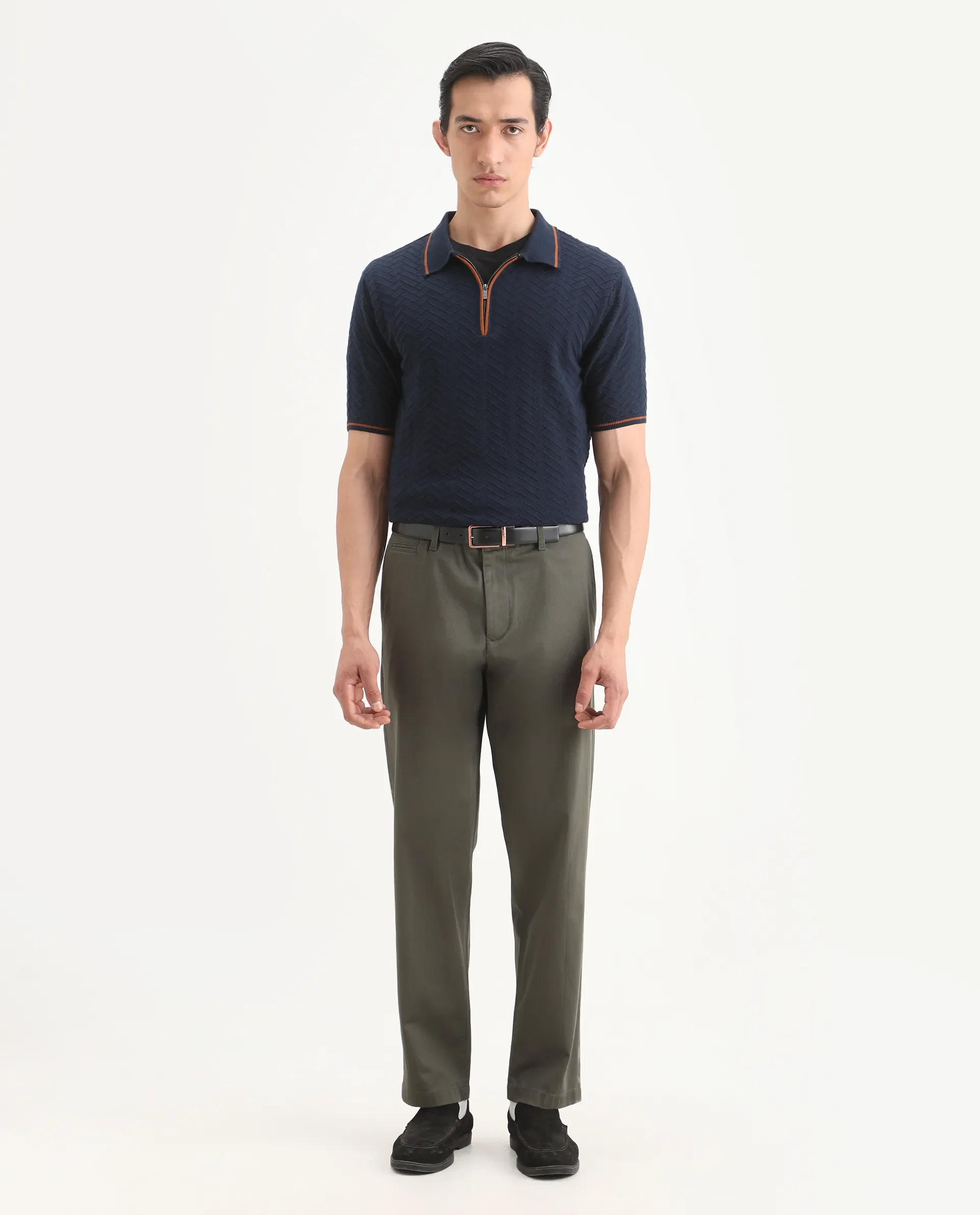 Rare Rabbit Men's Parga Olive Cotton Blend Fabric Regular Fit Plain Trouser - Image 2