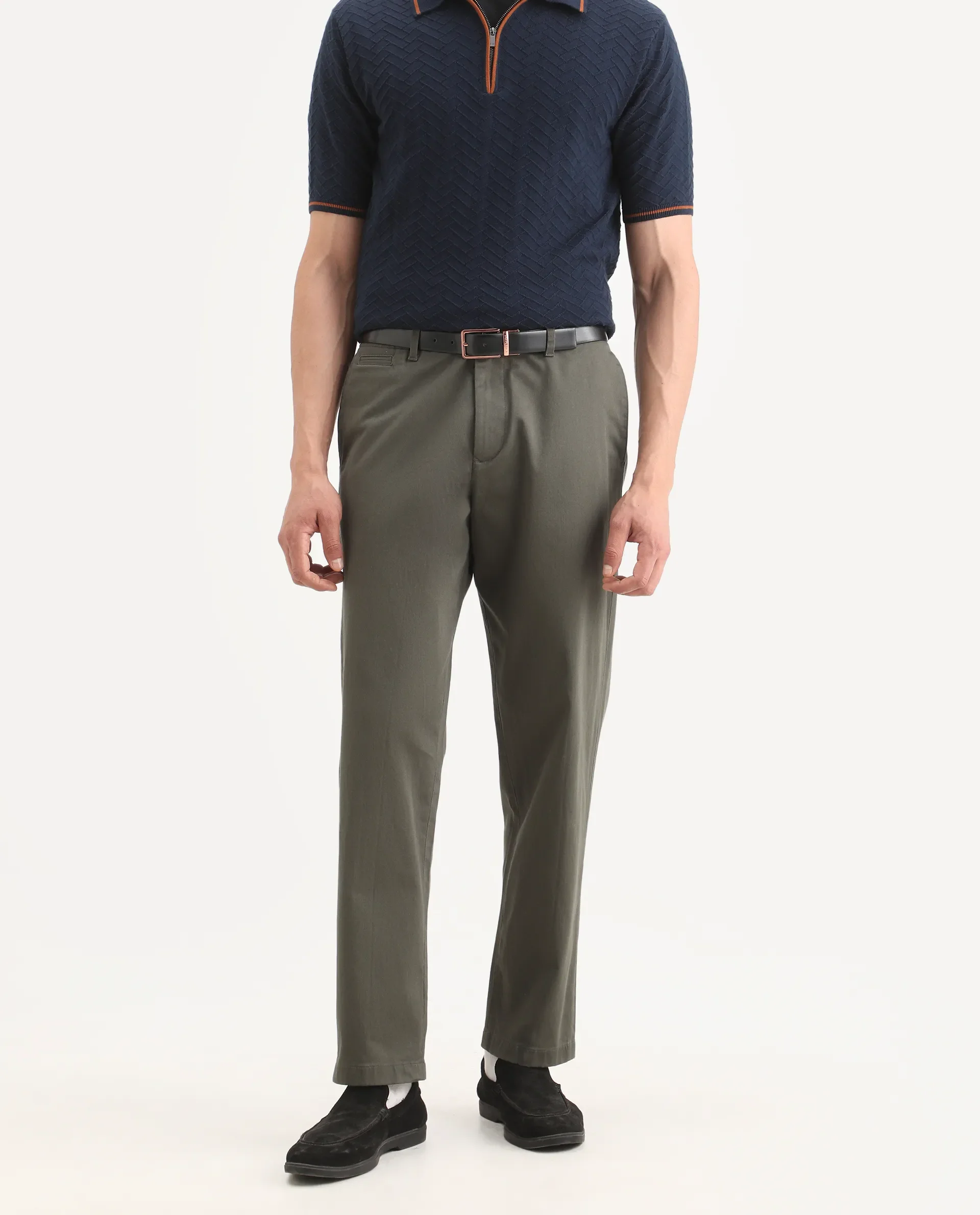 Rare Rabbit Men's Parga Olive Cotton Blend Fabric Regular Fit Plain Trouser - Image 3