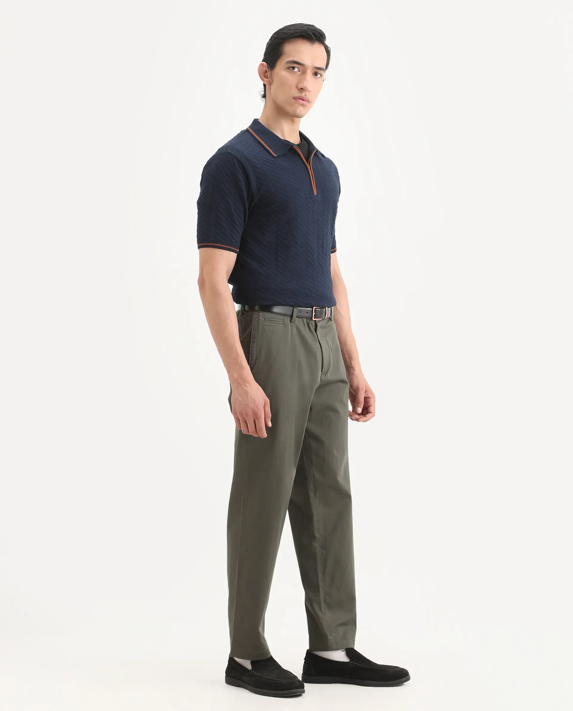 Rare Rabbit Men's Parga Olive Cotton Blend Fabric Regular Fit Plain Trouser - Image 5
