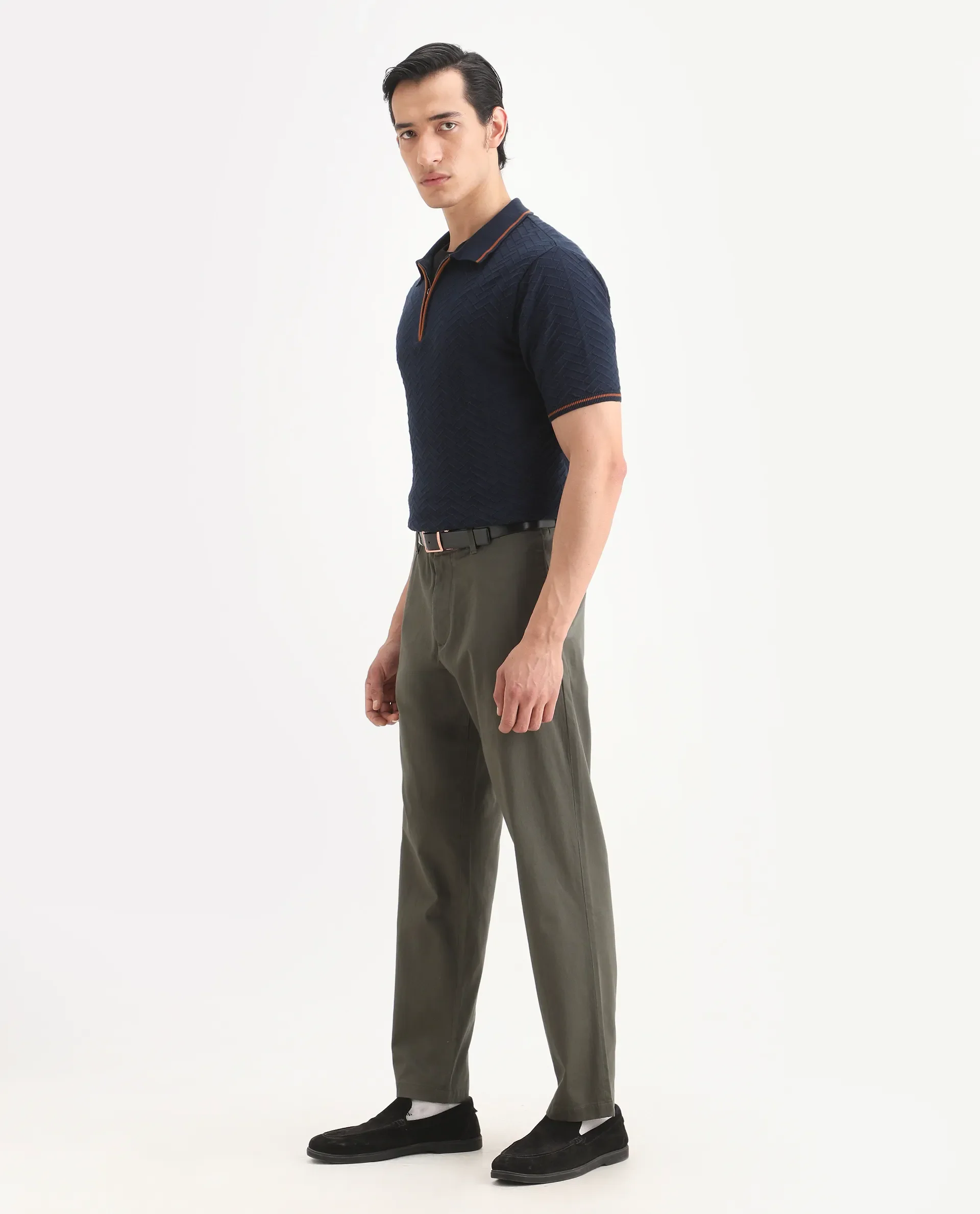 Rare Rabbit Men's Parga Olive Cotton Blend Fabric Regular Fit Plain Trouser - Image 6