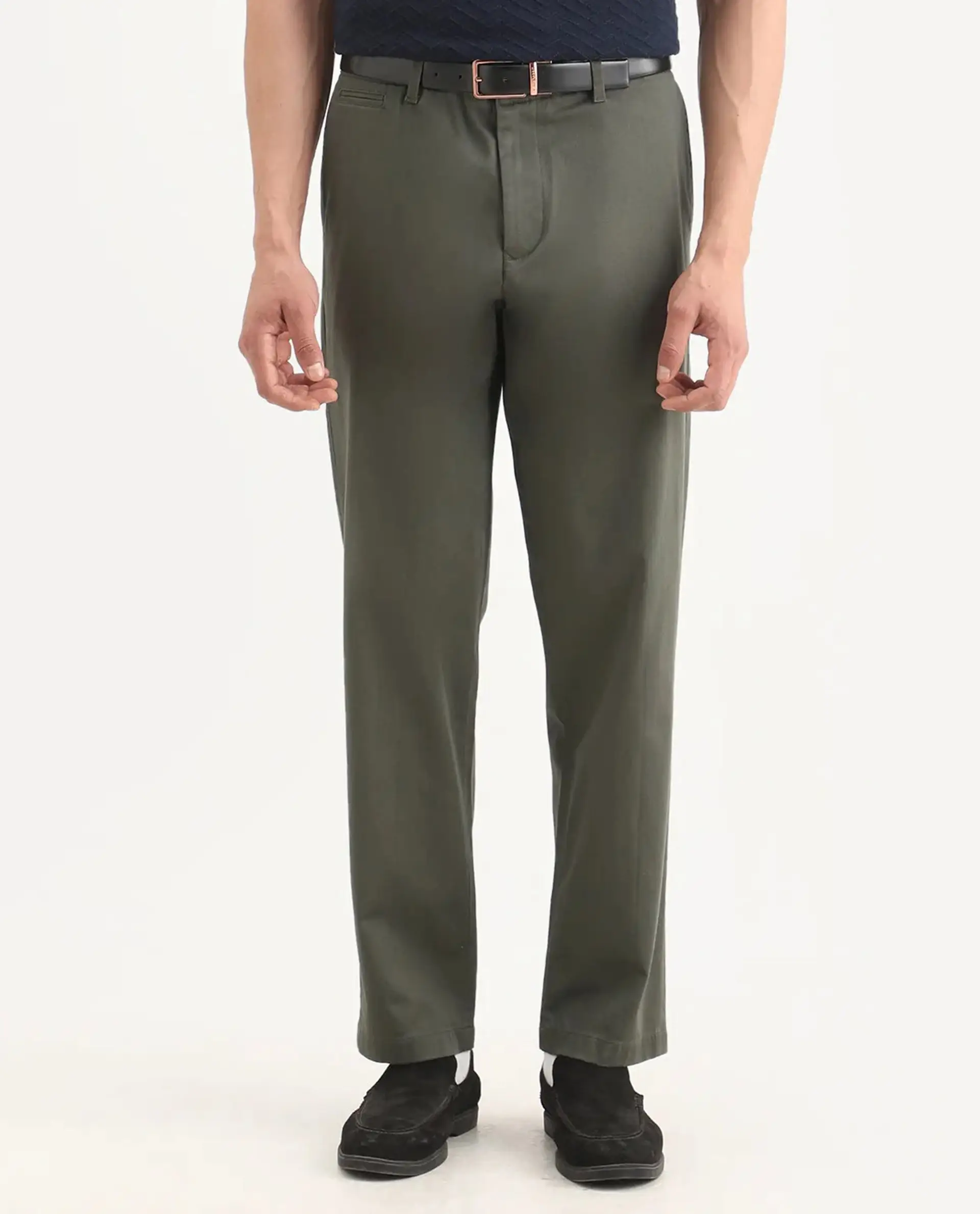 Rare Rabbit Men's Parga Olive Cotton Blend Fabric Regular Fit Plain Trouser - Image 8