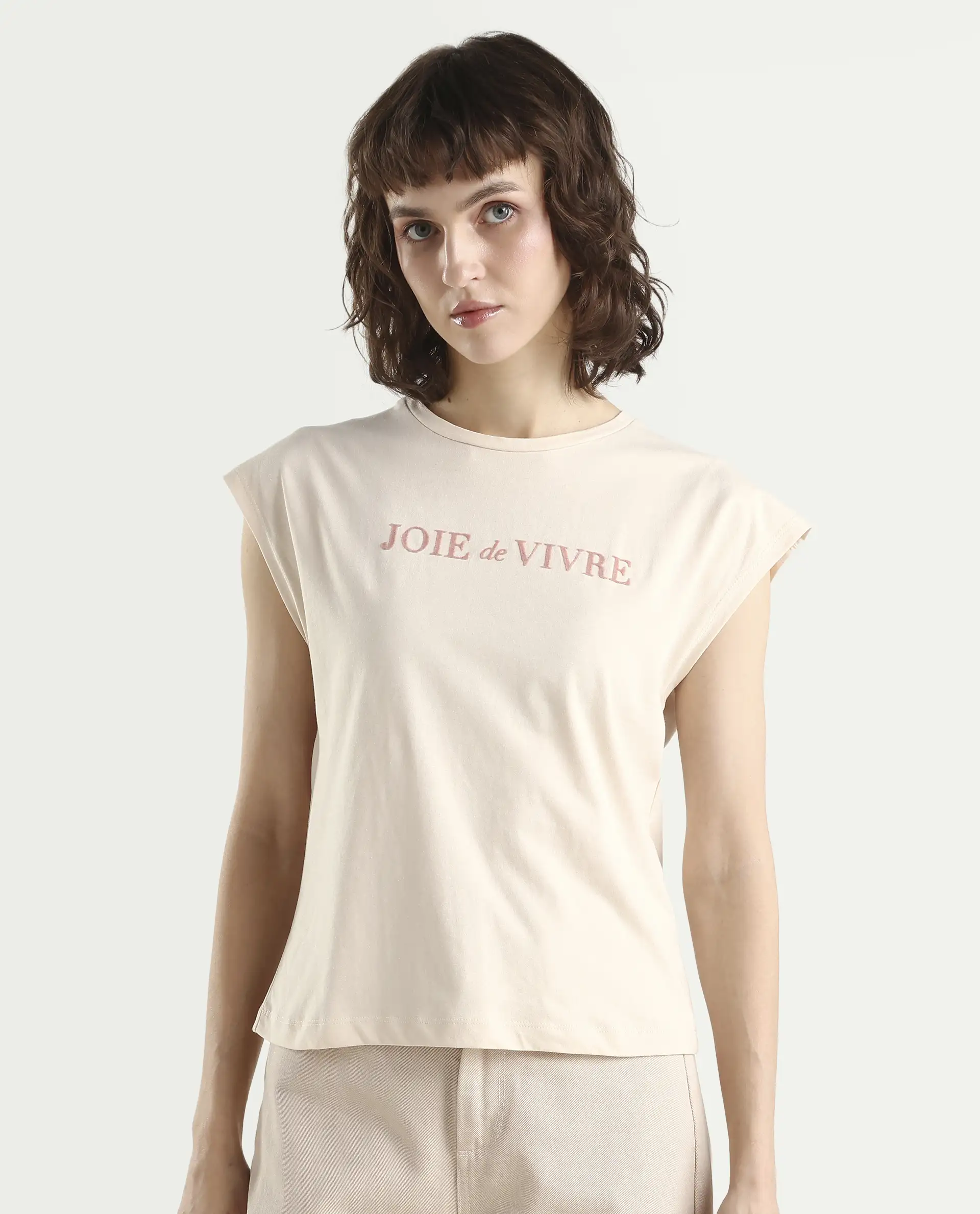 Rareism Women's Pariot Beige Cotton Crew Neck Printed Regular Fit T-Shirt - Image 4