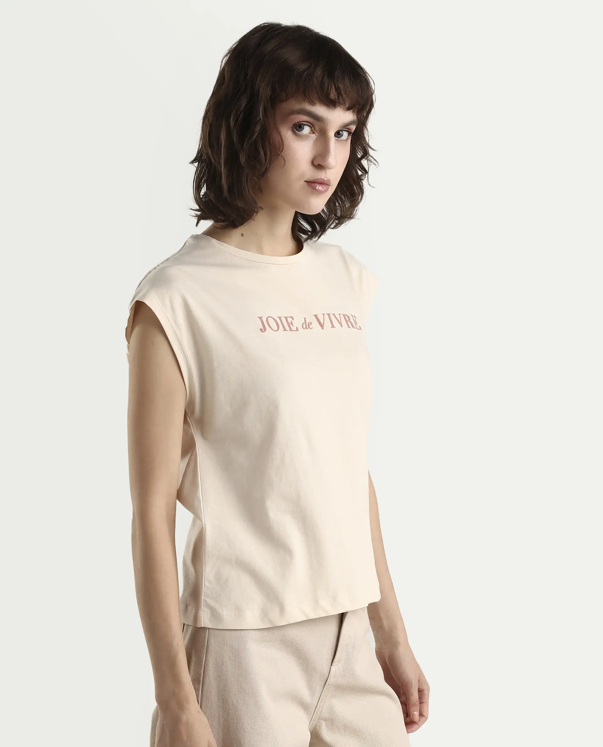 Rareism Women's Pariot Beige Cotton Crew Neck Printed Regular Fit T-Shirt - Image 5