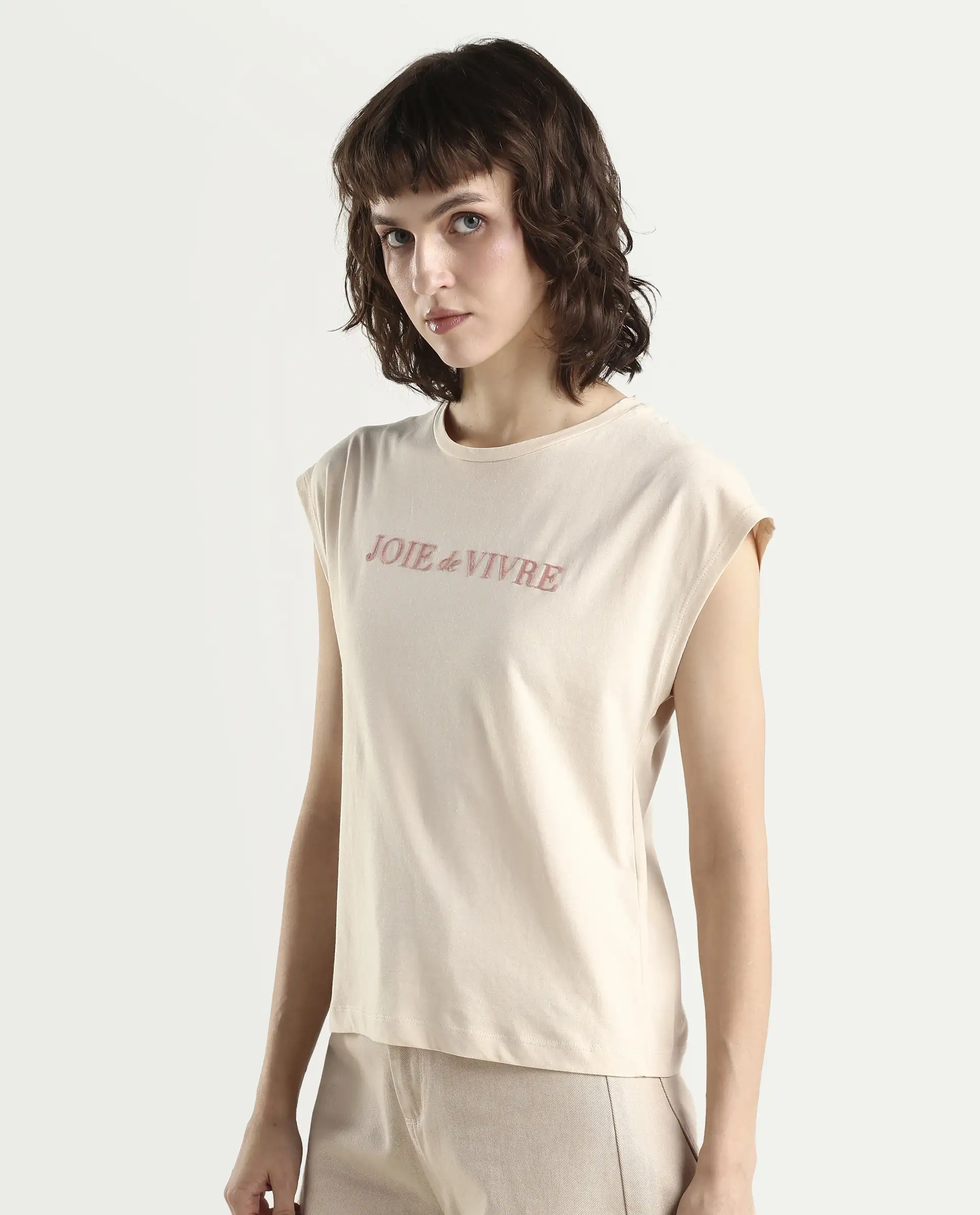 Rareism Women's Pariot Beige Cotton Crew Neck Printed Regular Fit T-Shirt - Image 6