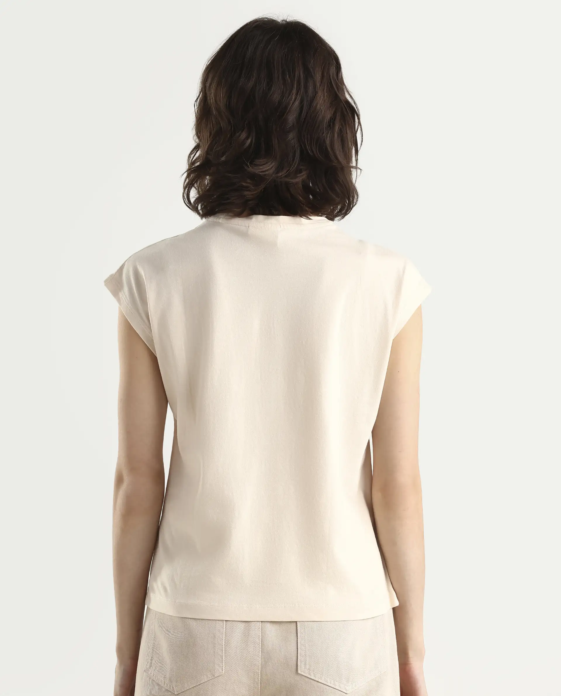 Rareism Women's Pariot Beige Cotton Crew Neck Printed Regular Fit T-Shirt - Image 7