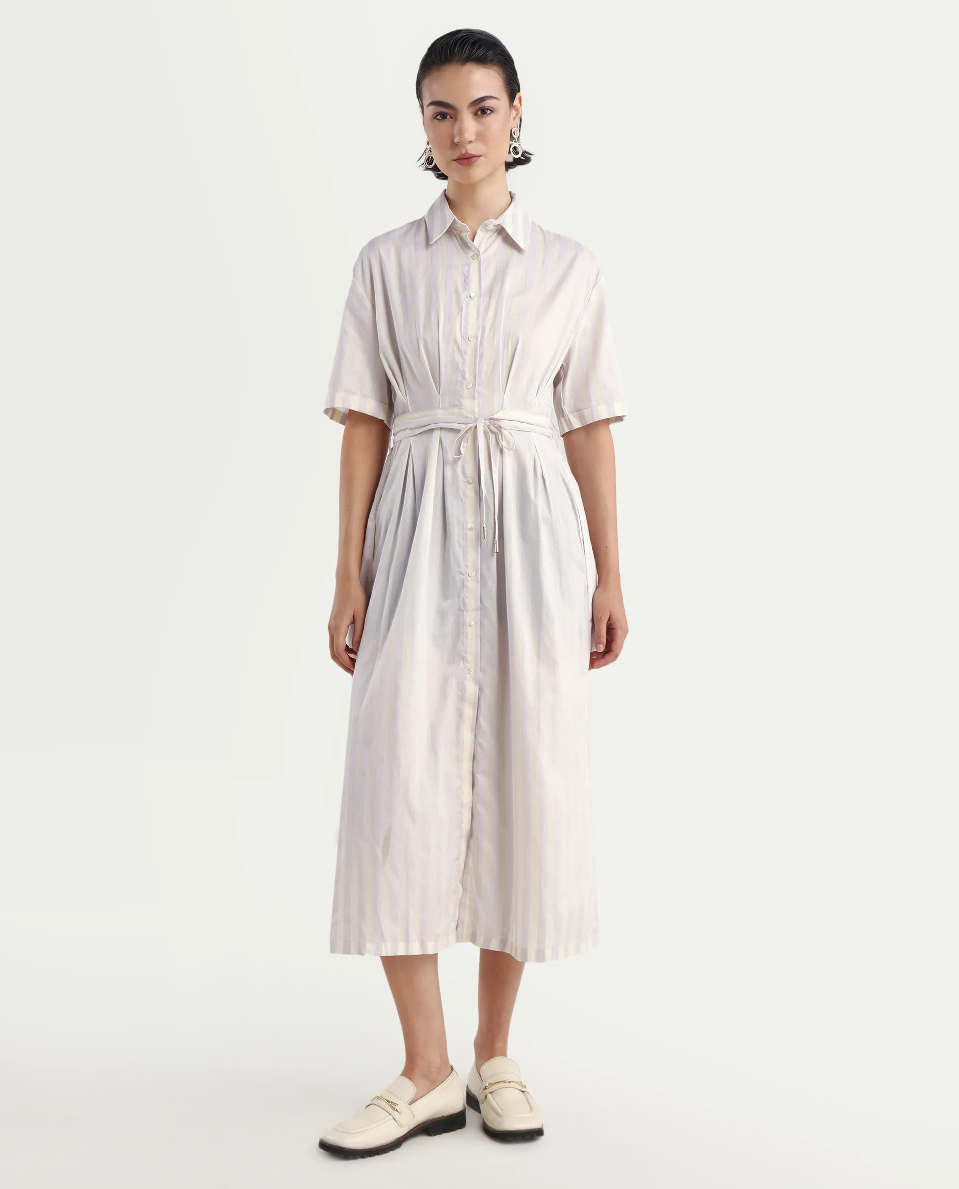 Rareism Women's Paris Yellow Spread Collar Striped Knee Length Regular Fit Dress - Image 2