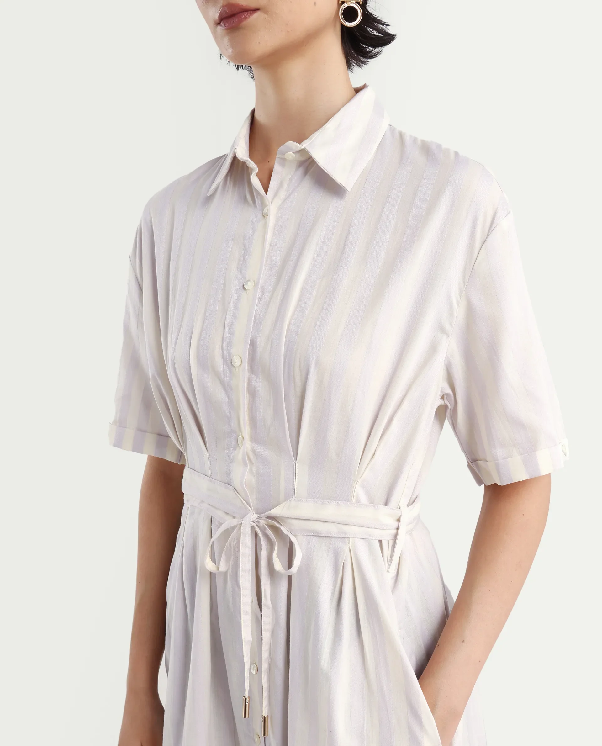Rareism Women's Paris Yellow Spread Collar Striped Knee Length Regular Fit Dress - Image 3