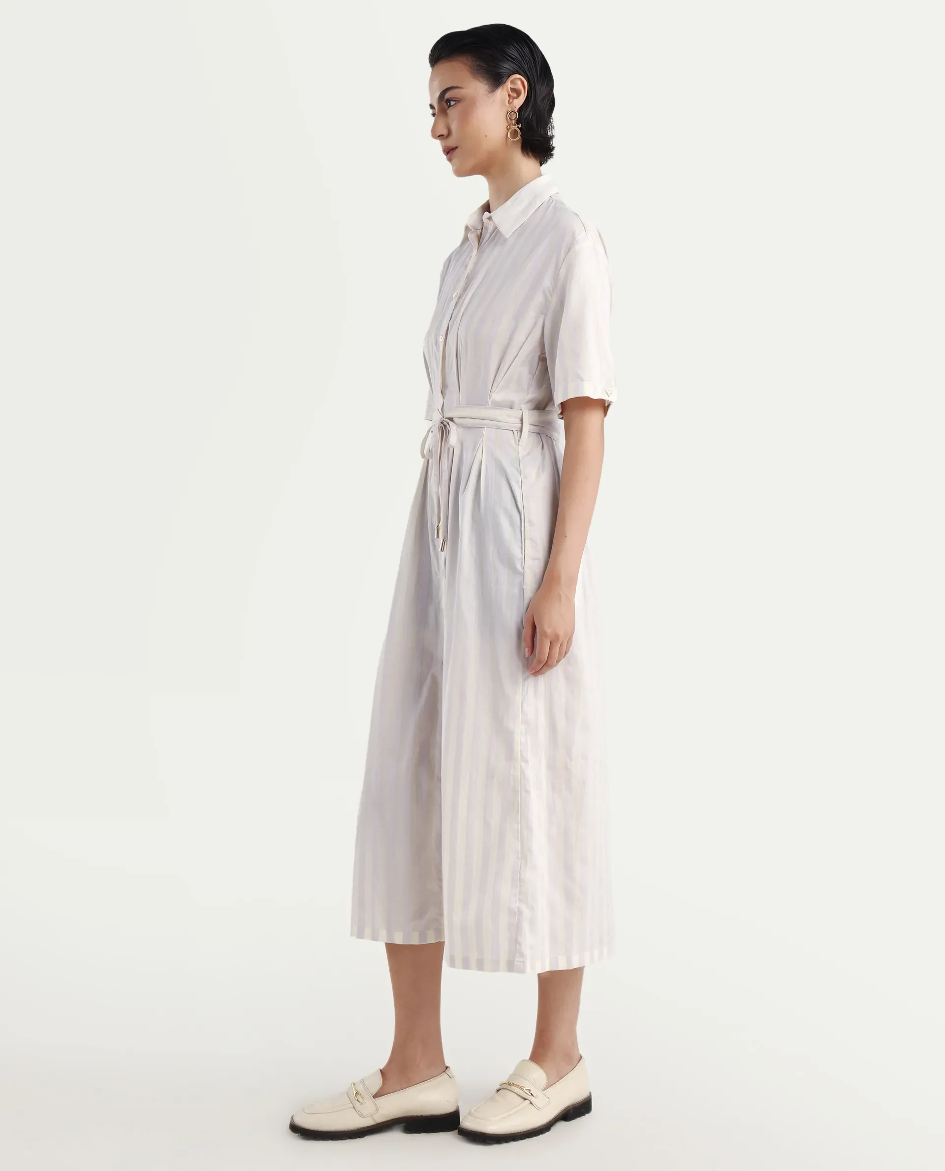 Rareism Women's Paris Yellow Spread Collar Striped Knee Length Regular Fit Dress - Image 5