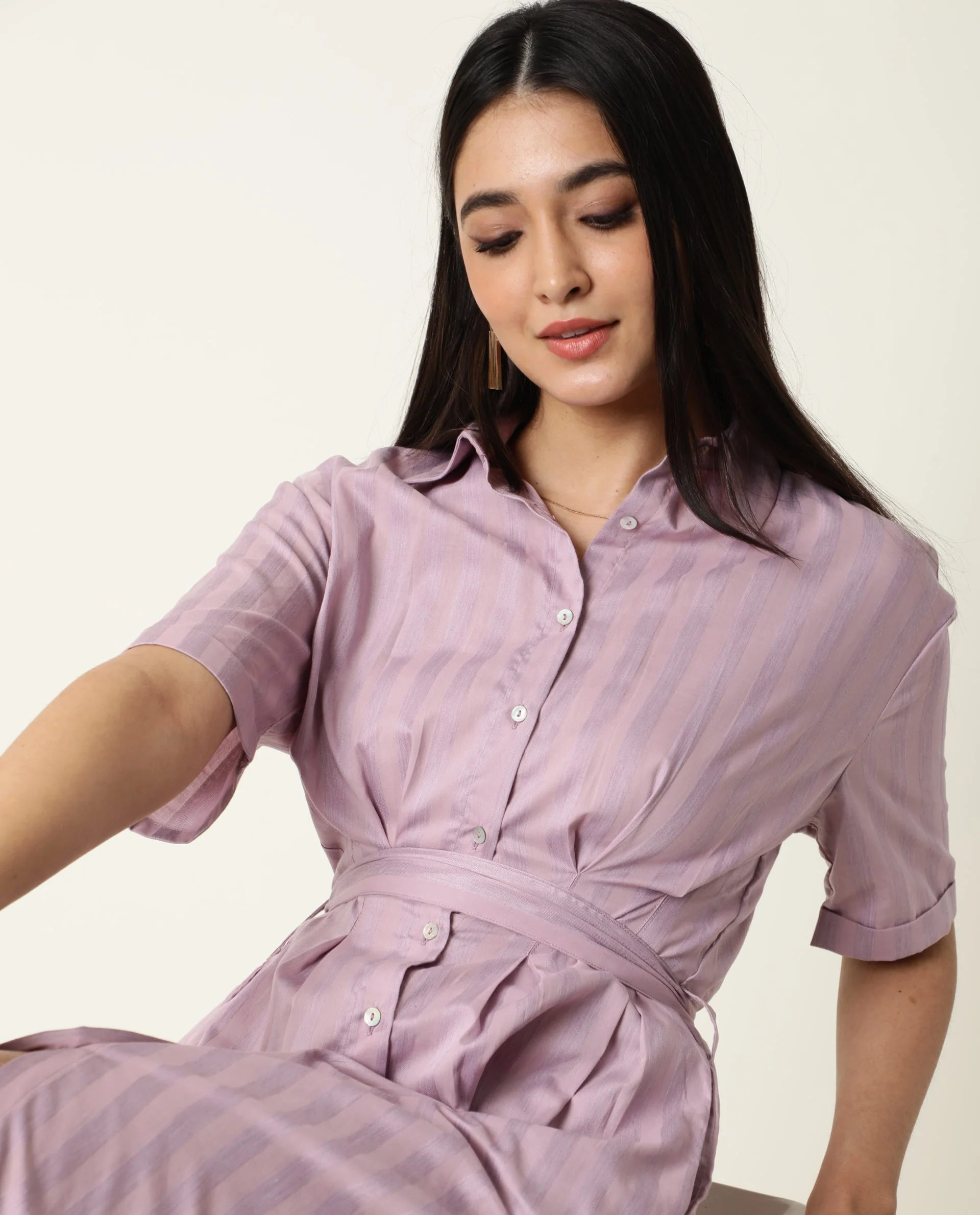 Rareism Women's Paris Pink Spread Collar Striped Knee Length Regular Fit Dress - Image 10