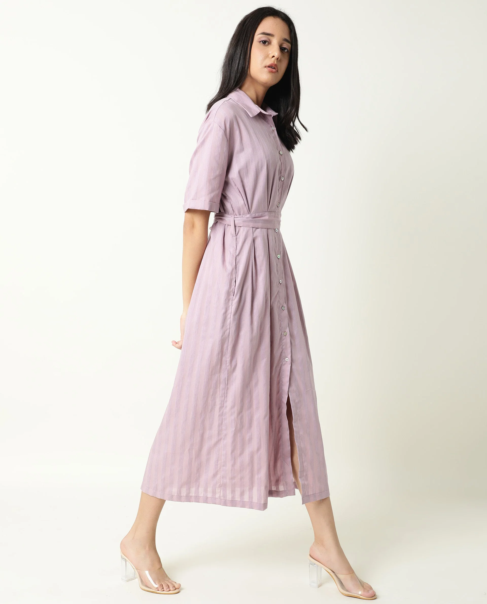 Rareism Women's Paris Pink Spread Collar Striped Knee Length Regular Fit Dress - Image 11