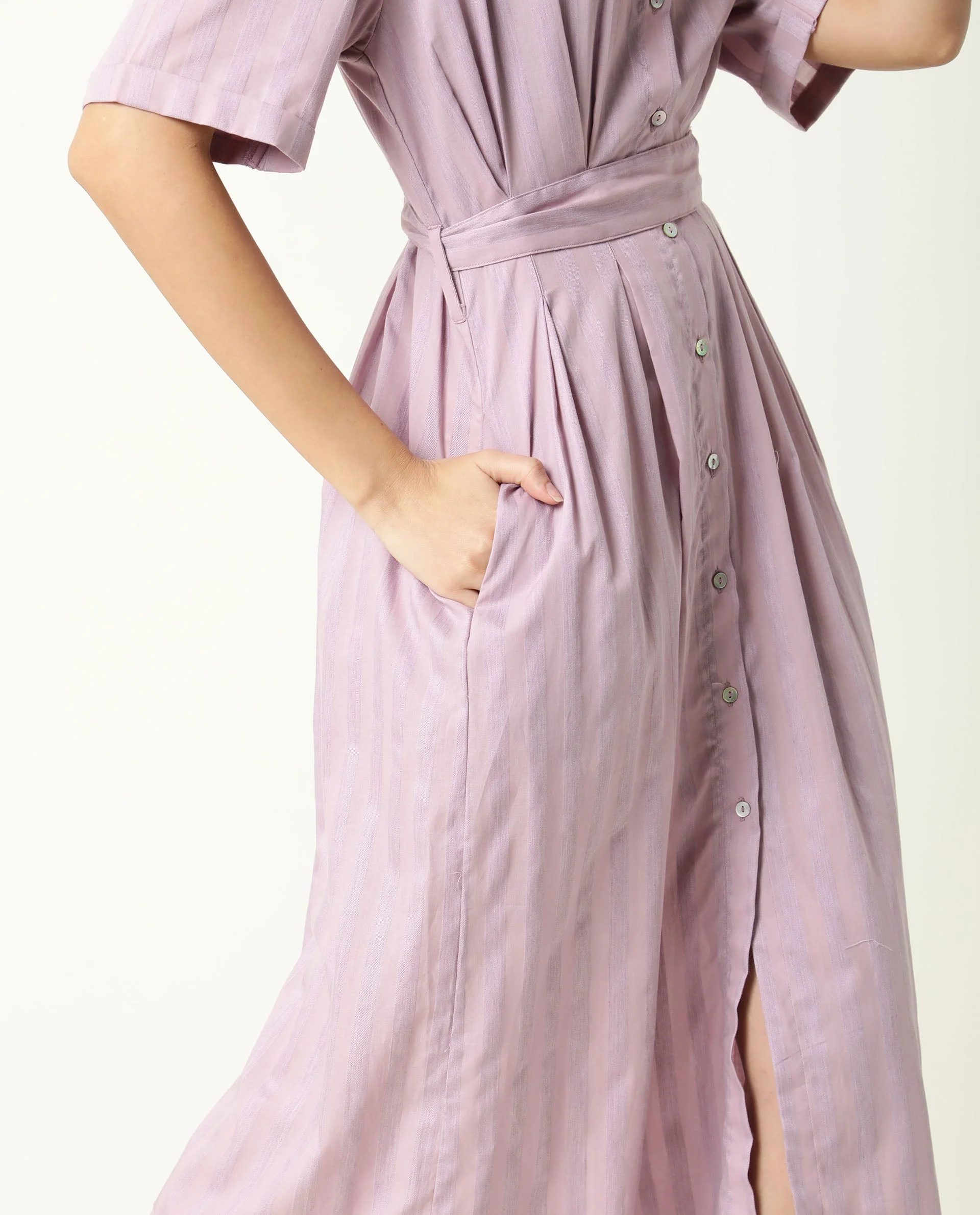 Rareism Women's Paris Pink Spread Collar Striped Knee Length Regular Fit Dress - Image 12
