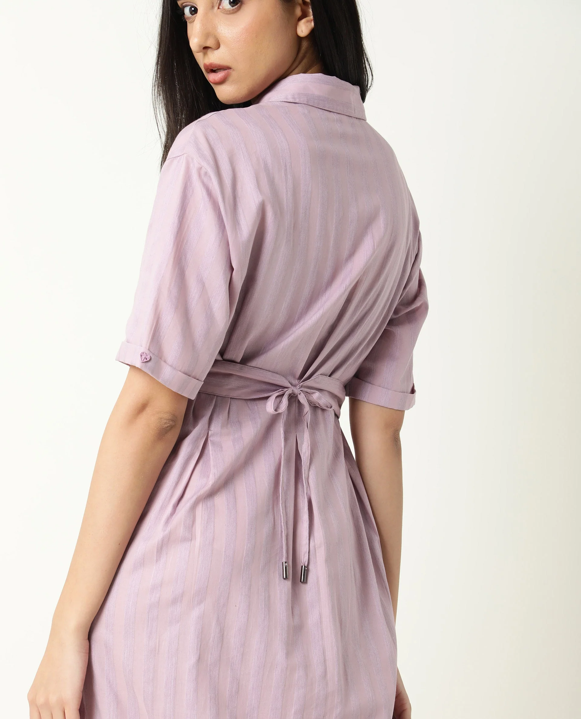 Rareism Women's Paris Pink Spread Collar Striped Knee Length Regular Fit Dress - Image 13