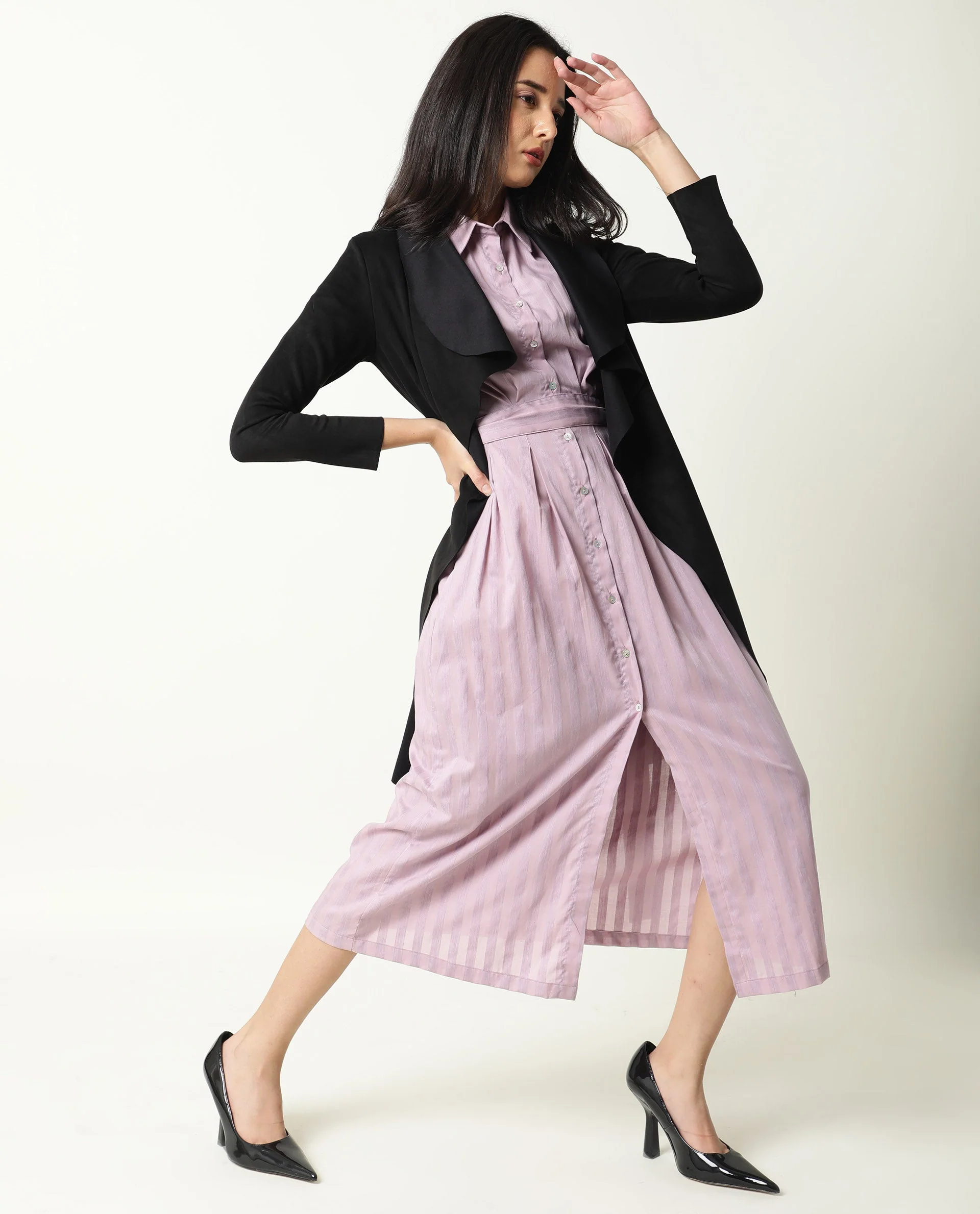 Rareism Women's Paris Pink Spread Collar Striped Knee Length Regular Fit Dress - Image 2