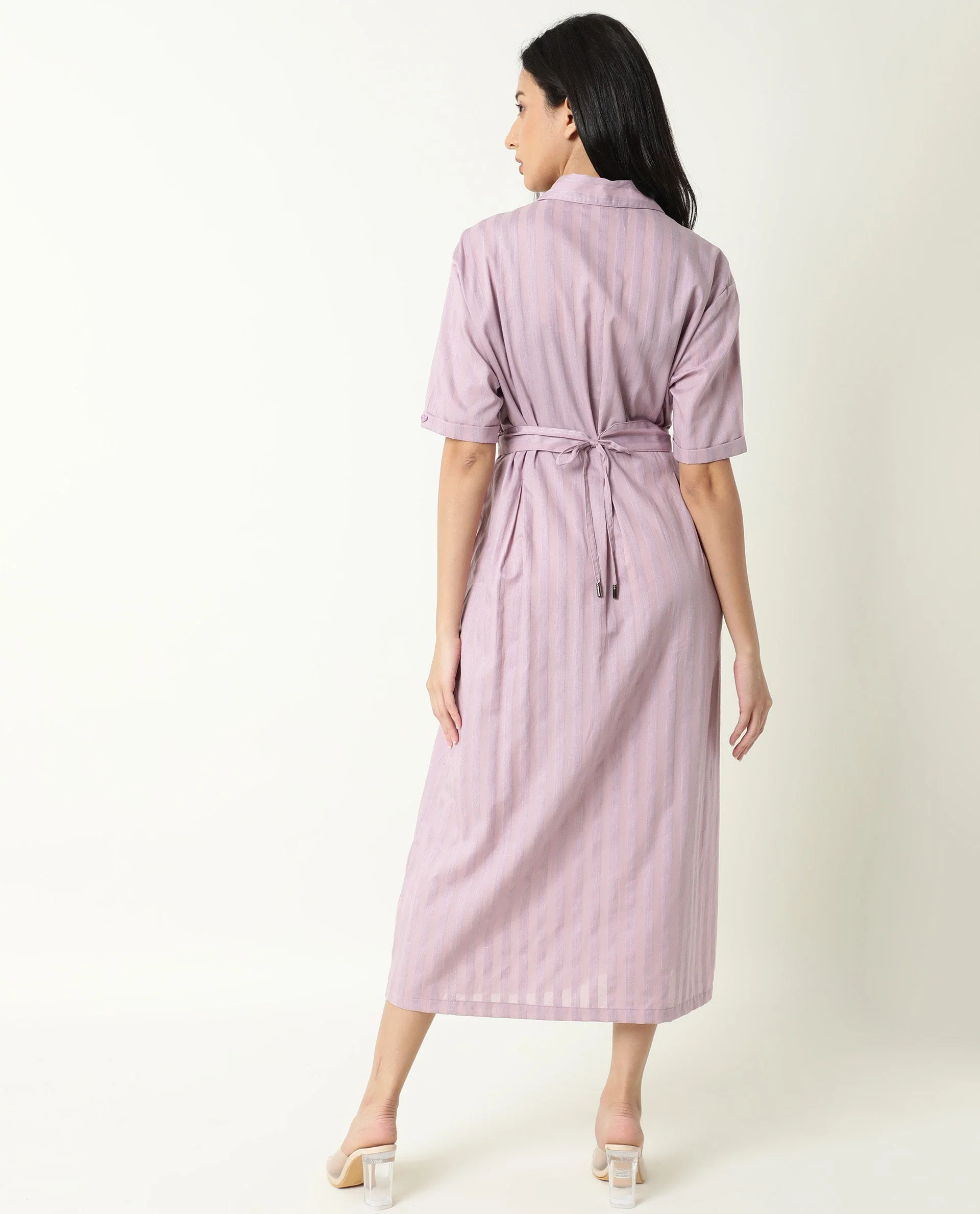 Rareism Women's Paris Pink Spread Collar Striped Knee Length Regular Fit Dress - Image 3