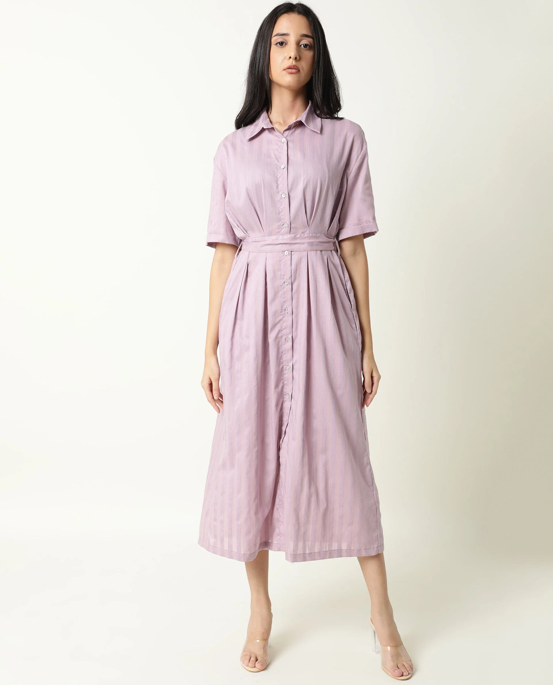 Rareism Women's Paris Pink Spread Collar Striped Knee Length Regular Fit Dress - Image 5