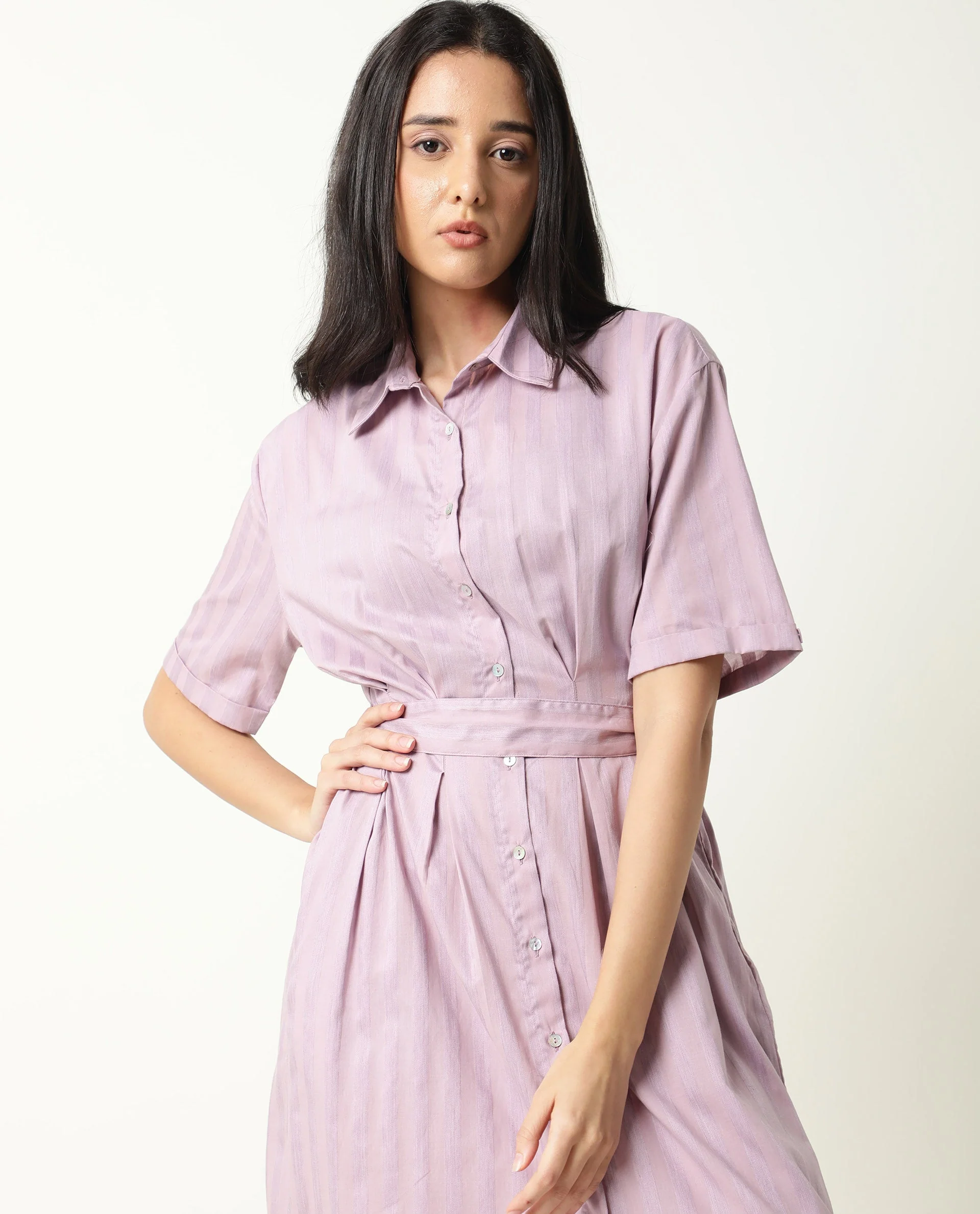 Rareism Women's Paris Pink Spread Collar Striped Knee Length Regular Fit Dress - Image 6