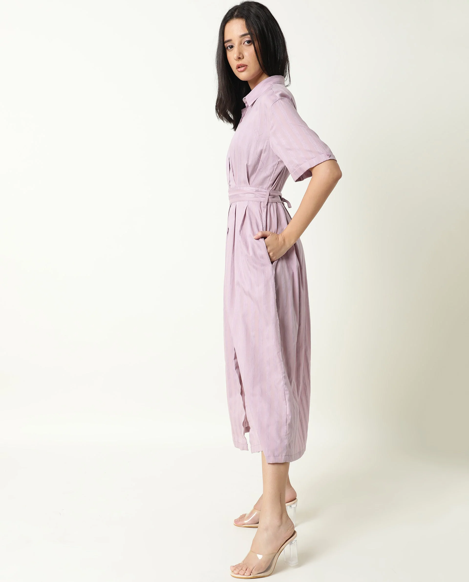 Rareism Women's Paris Pink Spread Collar Striped Knee Length Regular Fit Dress - Image 7