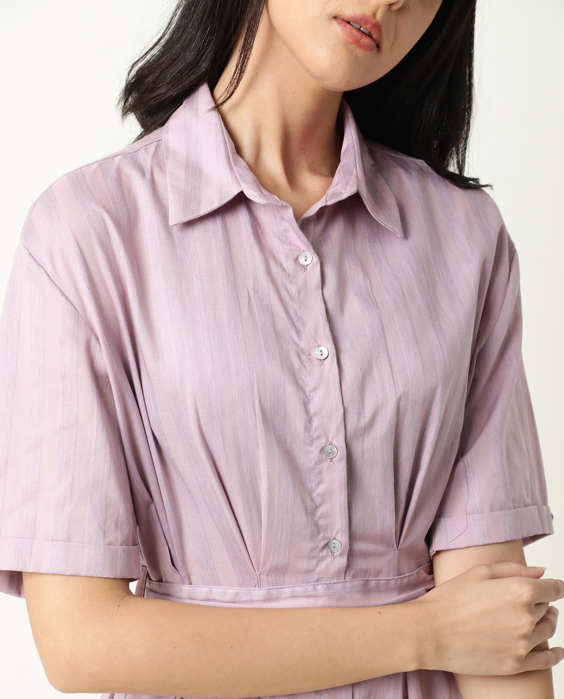 Rareism Women's Paris Pink Spread Collar Striped Knee Length Regular Fit Dress - Image 9
