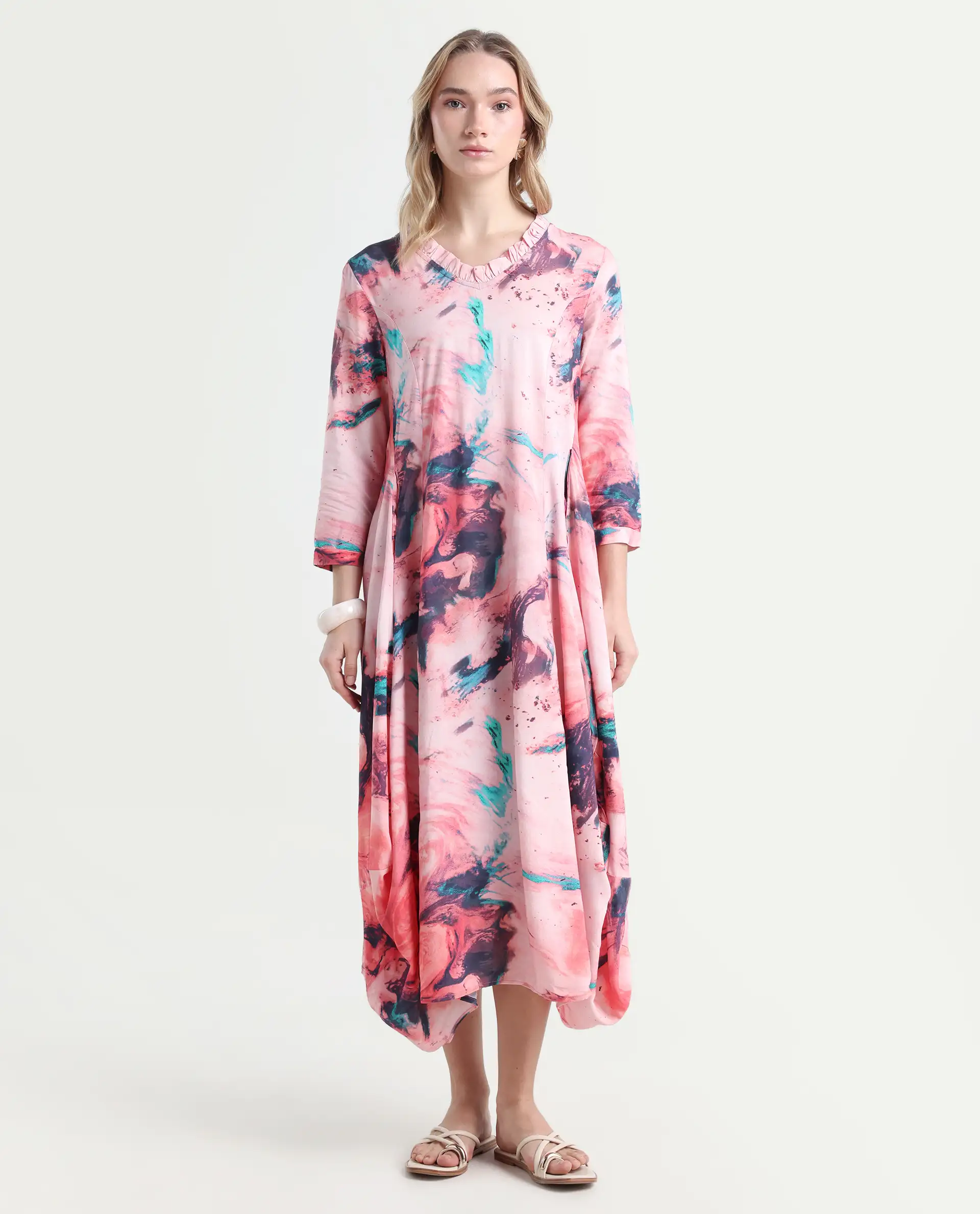 Rareism Women's Park Multi Viscose V-Neck Abstract Print Knee Length Regular Fit Dress - Image 2