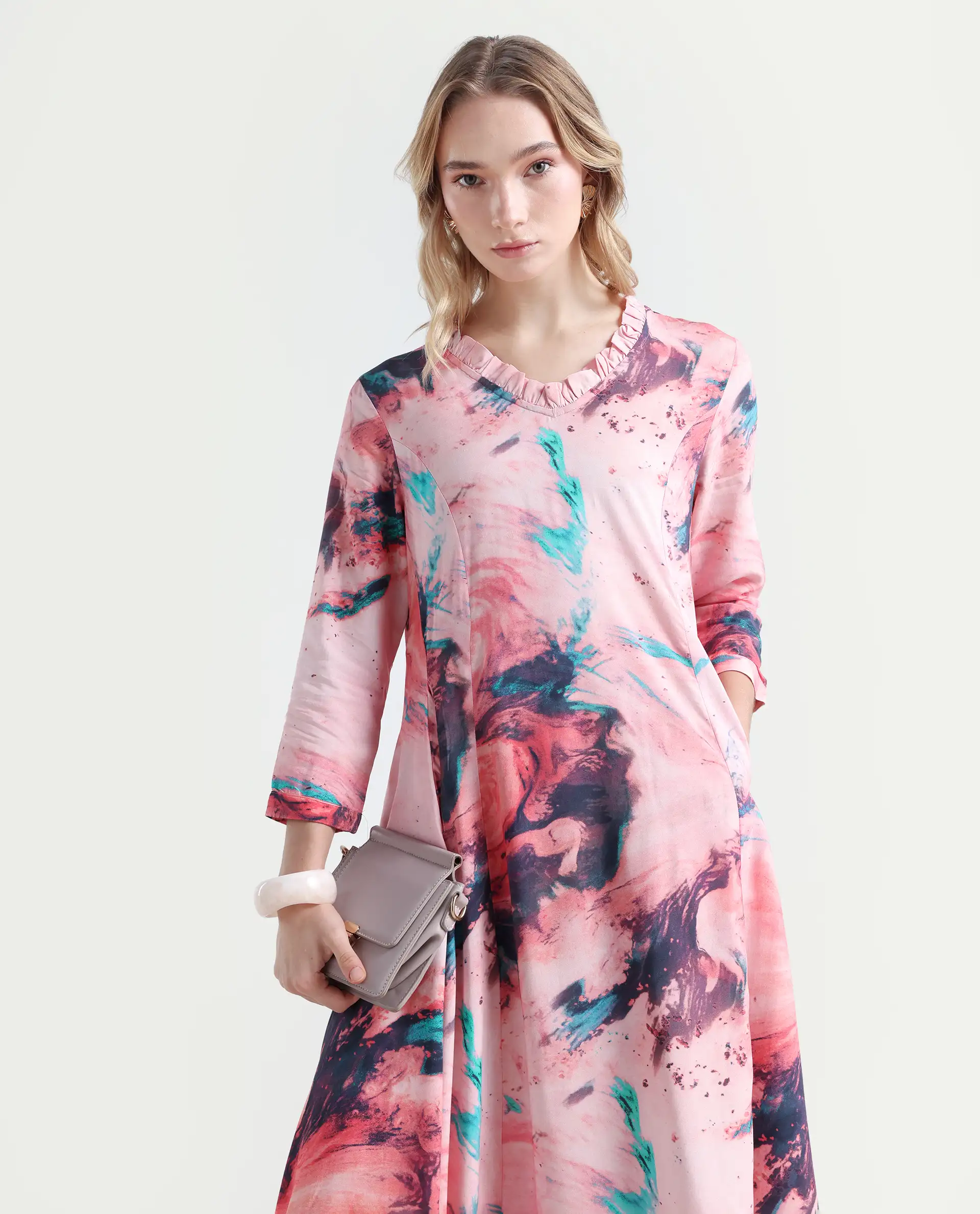 Rareism Women's Park Multi Viscose V-Neck Abstract Print Knee Length Regular Fit Dress - Image 3