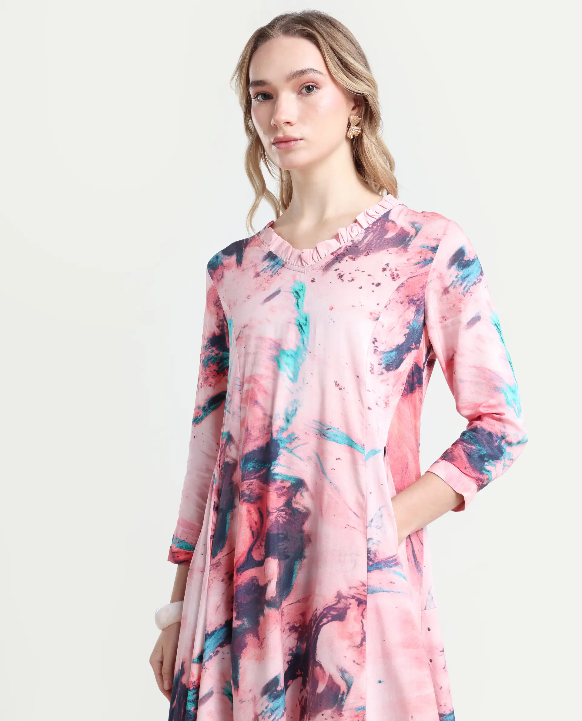 Rareism Women's Park Multi Viscose V-Neck Abstract Print Knee Length Regular Fit Dress - Image 4