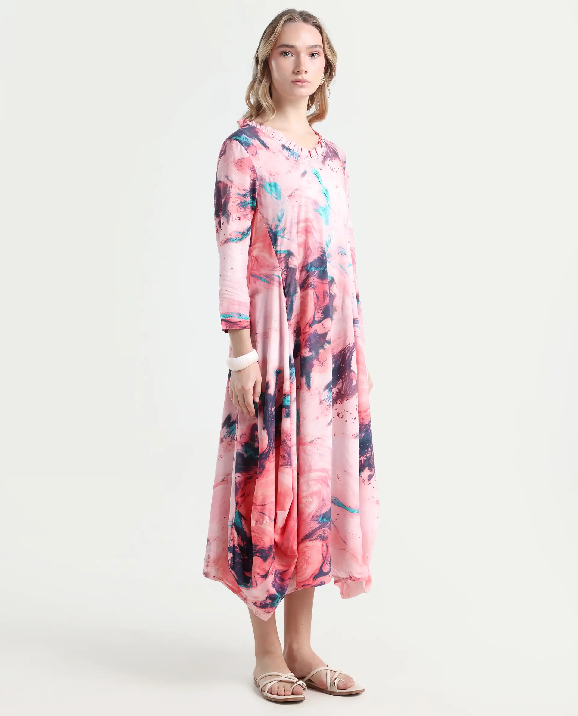 Rareism Women's Park Multi Viscose V-Neck Abstract Print Knee Length Regular Fit Dress - Image 5