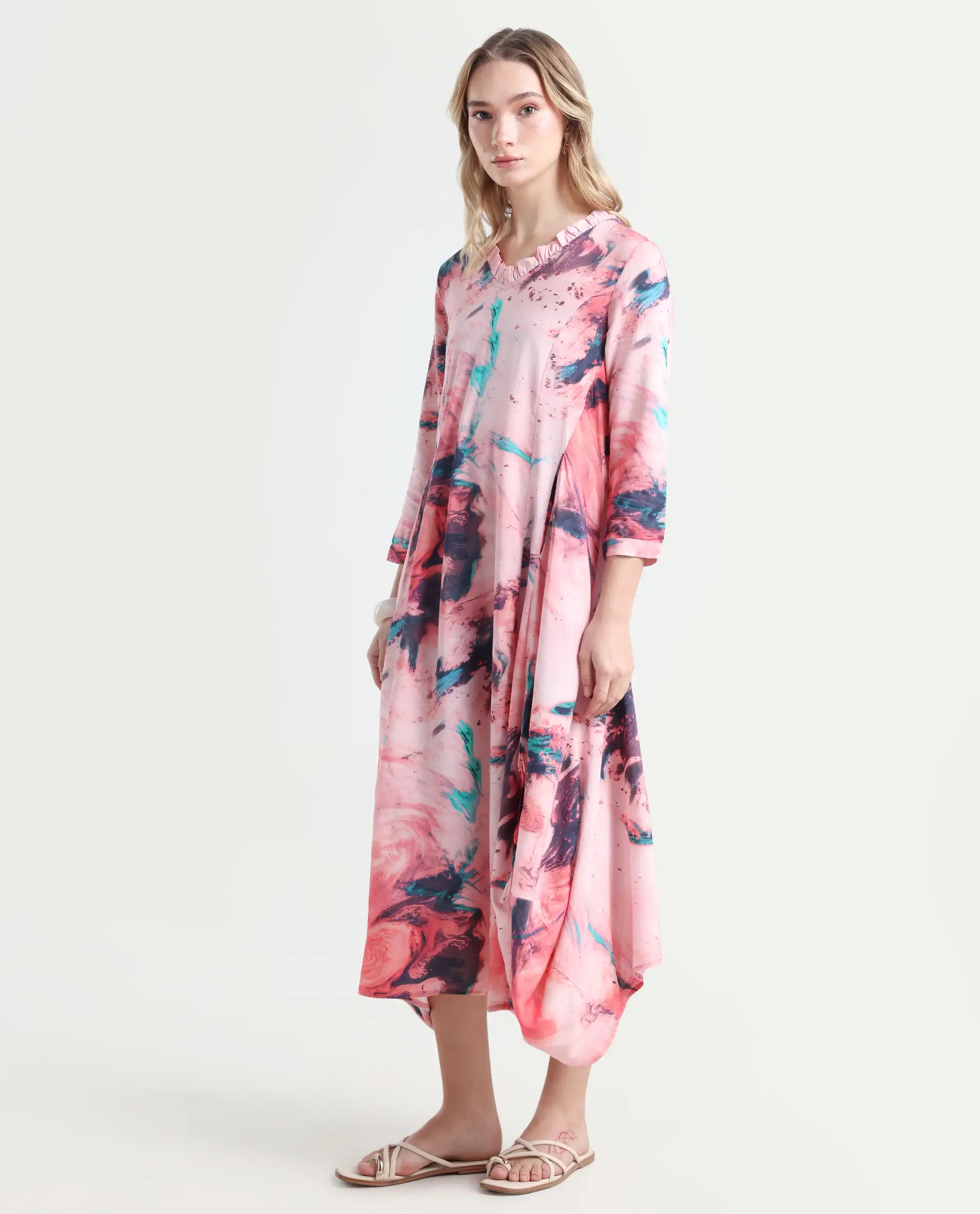 Rareism Women's Park Multi Viscose V-Neck Abstract Print Knee Length Regular Fit Dress - Image 6