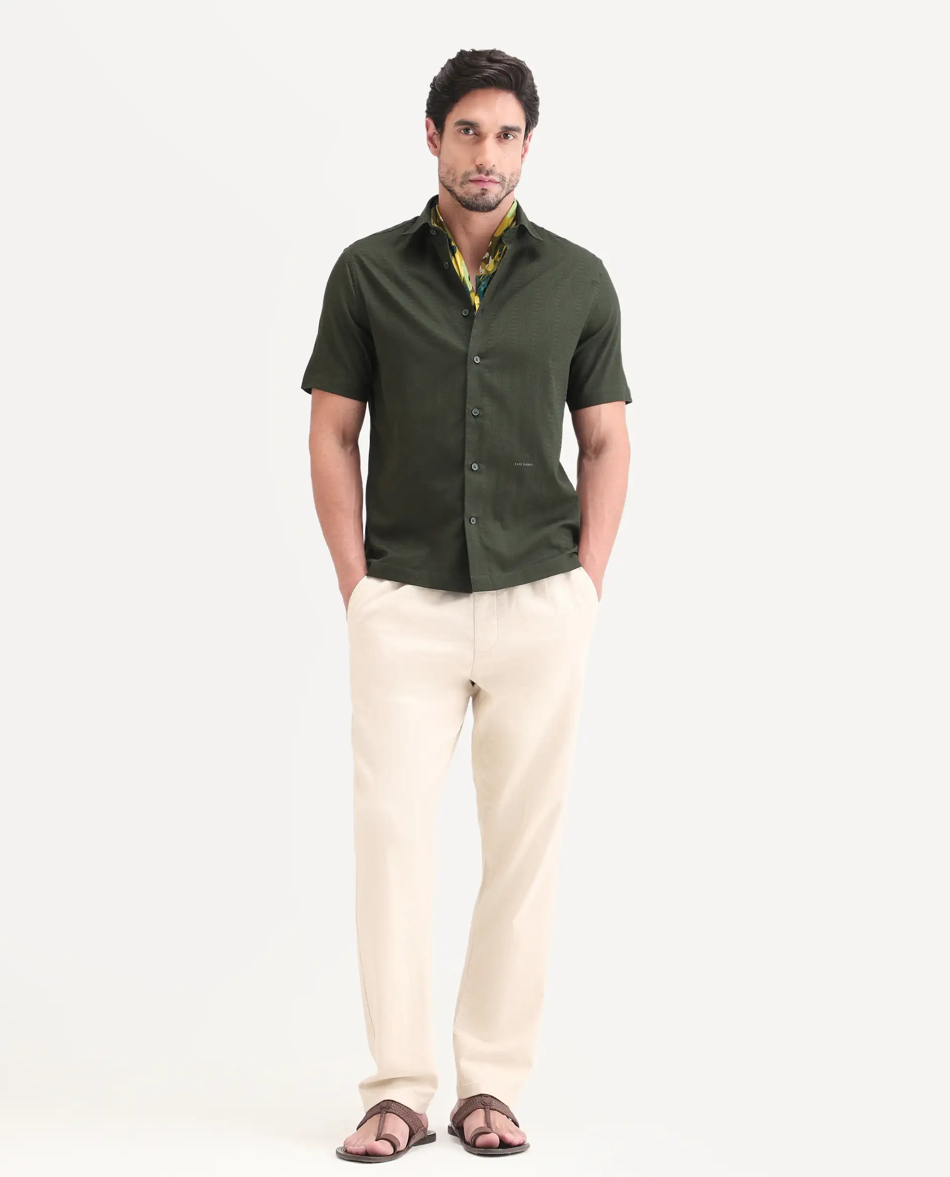 Rare Rabbit Men's Parker Dark Green Cotton Fabric Half Sleeve Regular Fit Striped Shirt - Image 2
