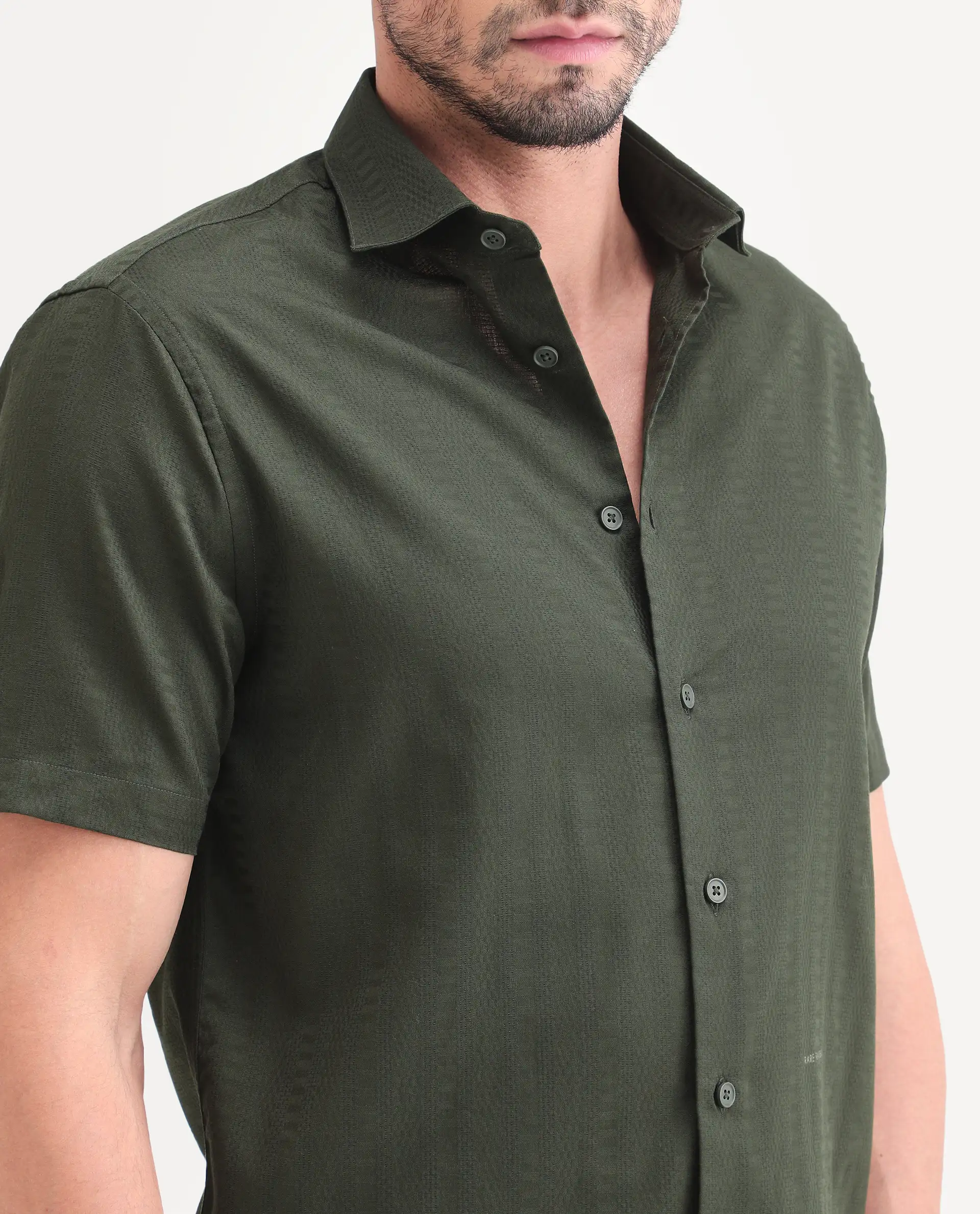 Rare Rabbit Men's Parker Dark Green Cotton Fabric Half Sleeve Regular Fit Striped Shirt - Image 3